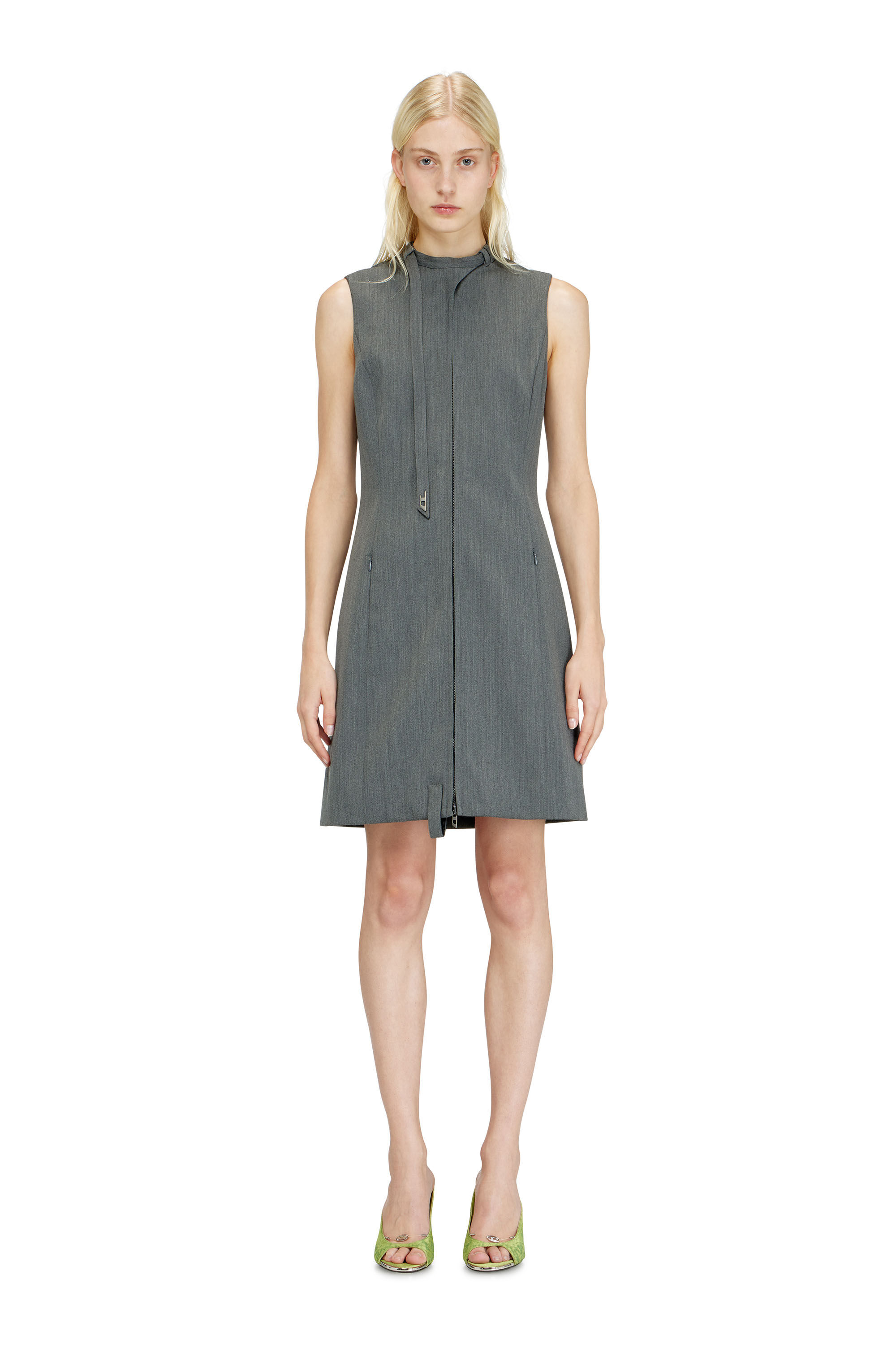 Diesel - D-RUVAN, Vestido midi entallado con tira tipo biker en el cuello Mujer in Gris - 3