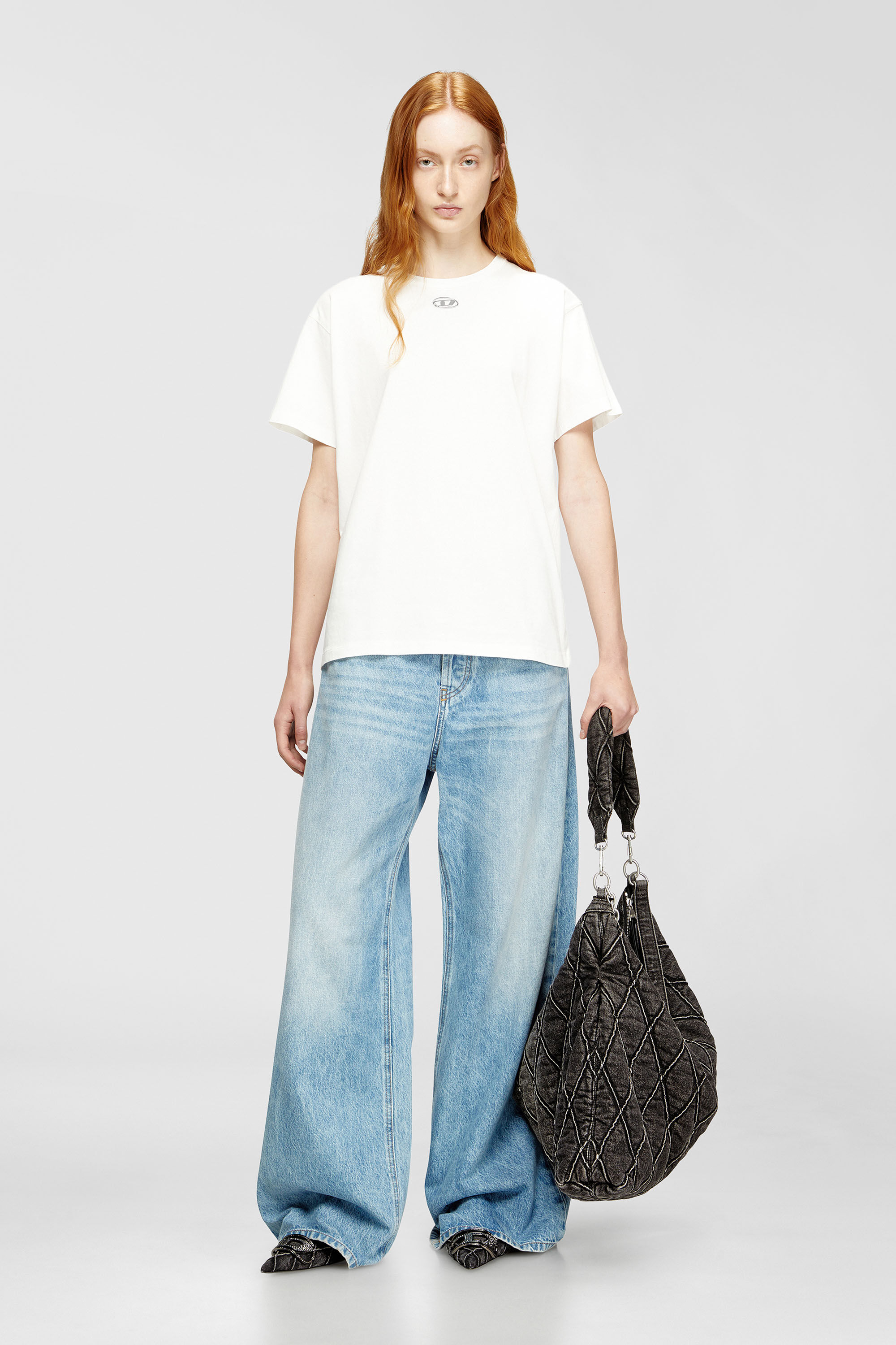 Diesel - T-NORMY-OD-S1, Woman's Cotton T-shirt with metallic Oval D in White - 1