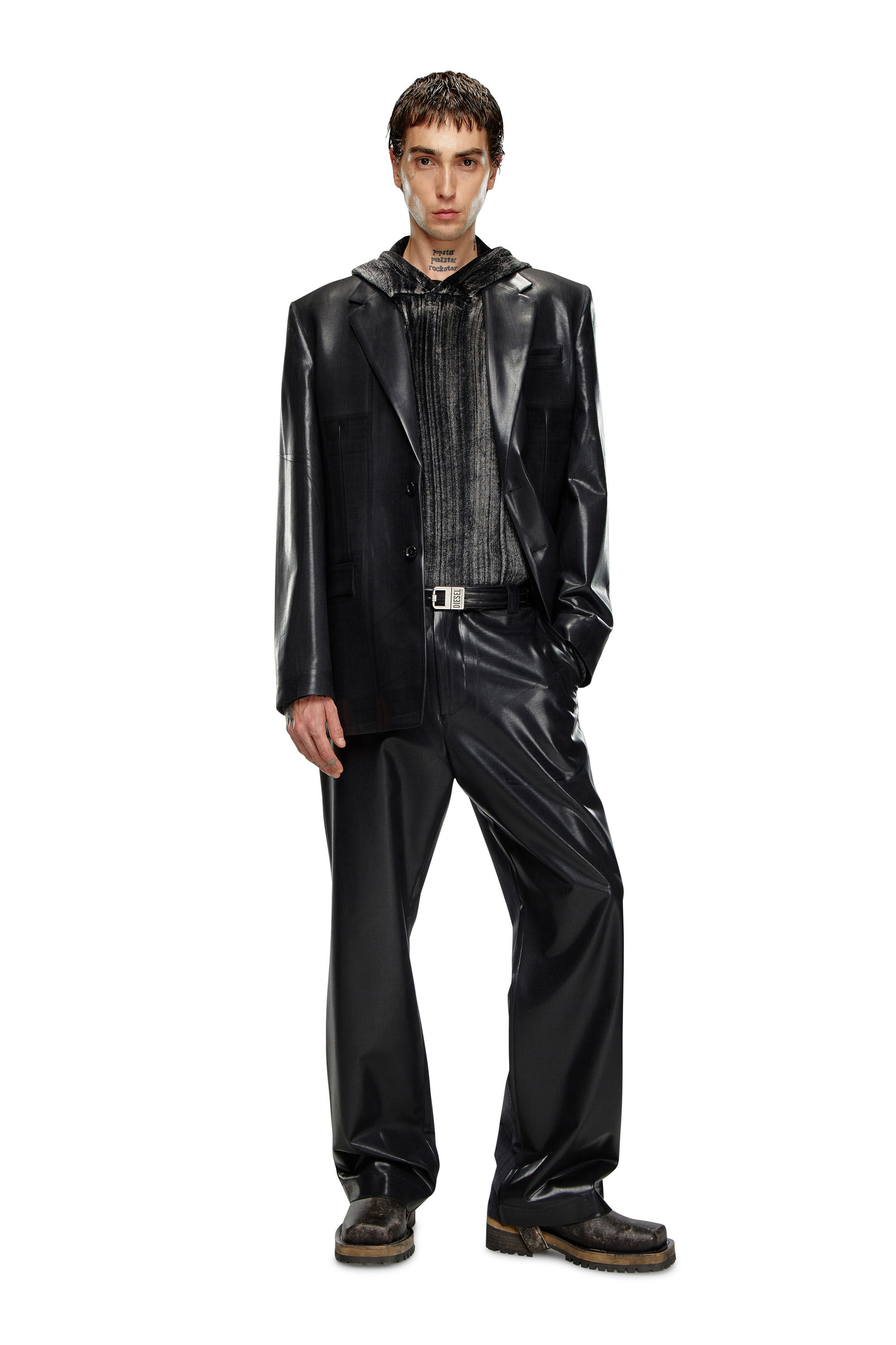 【DIESEL】T-Veljust-Ls-Hood Men's Hooded long-sleeve T-shirt in chenille | Black | Diesel