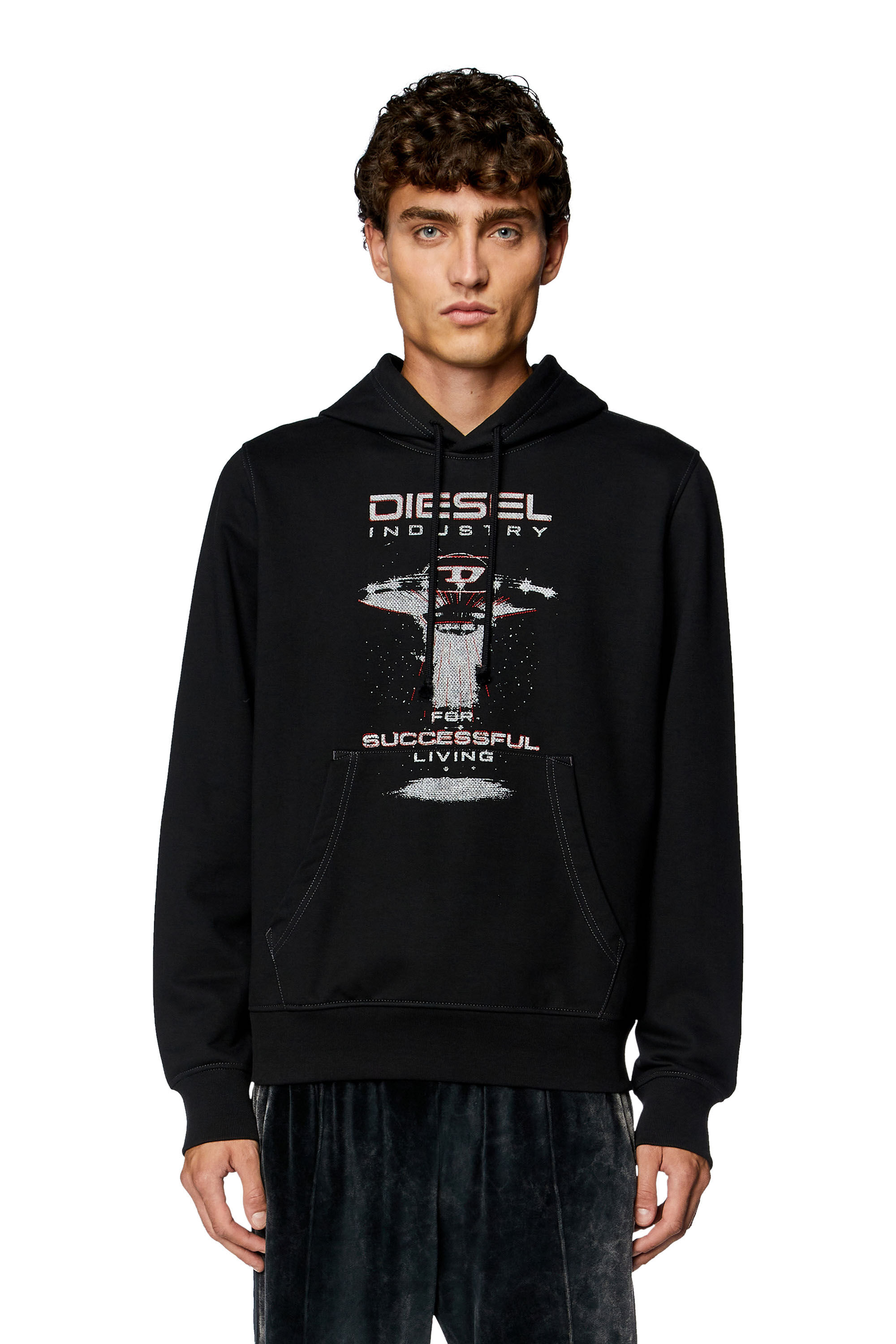 Diesel - S-GINN-HOOD-K36, Sudadera con capucha con estampado de nave espacial Hombre in Negro - 3