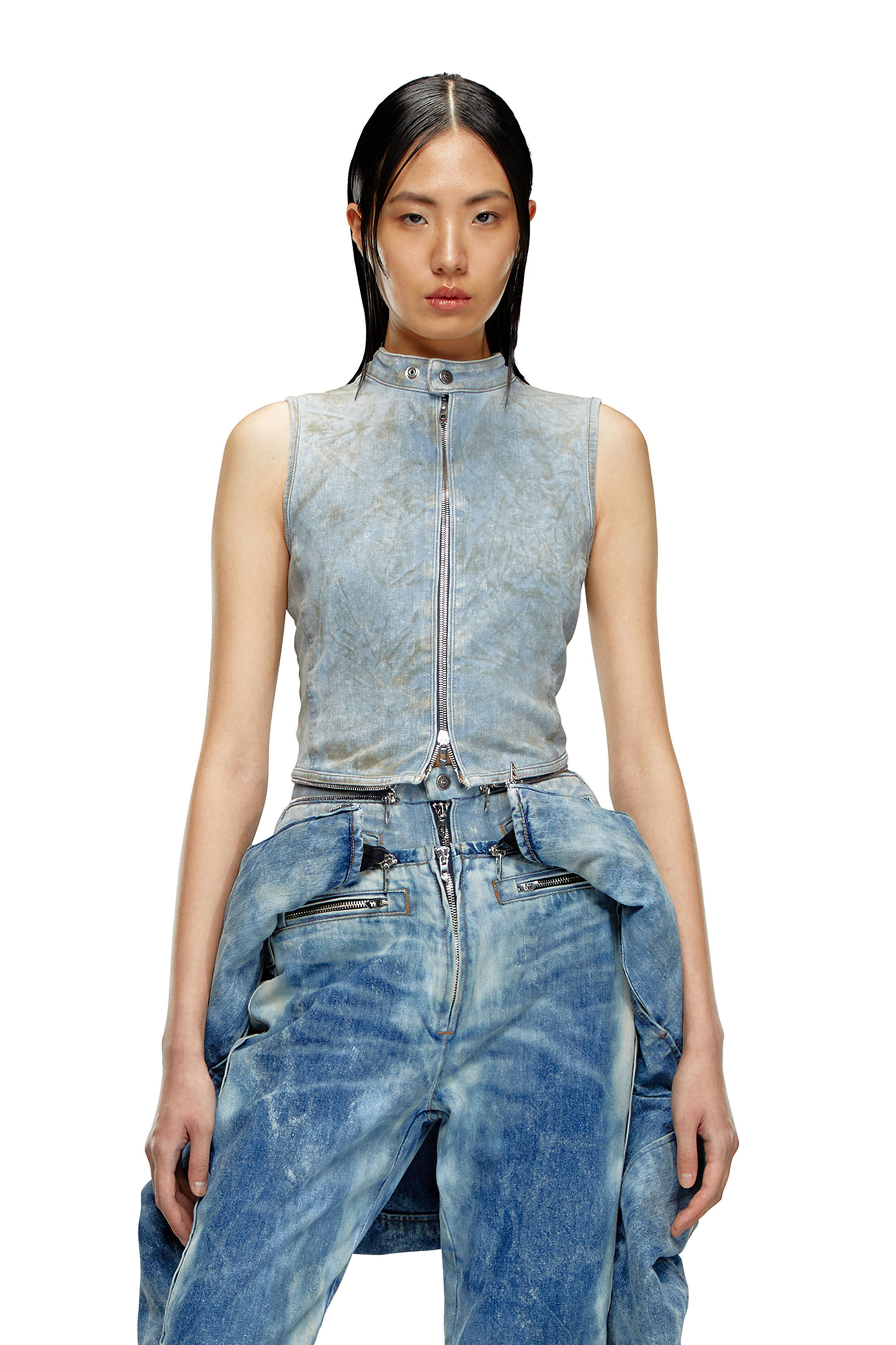 Diesel - DE-NATA-FSE, Top de denim de segunda piel con detalles biker Mujer in Azul marino - 3