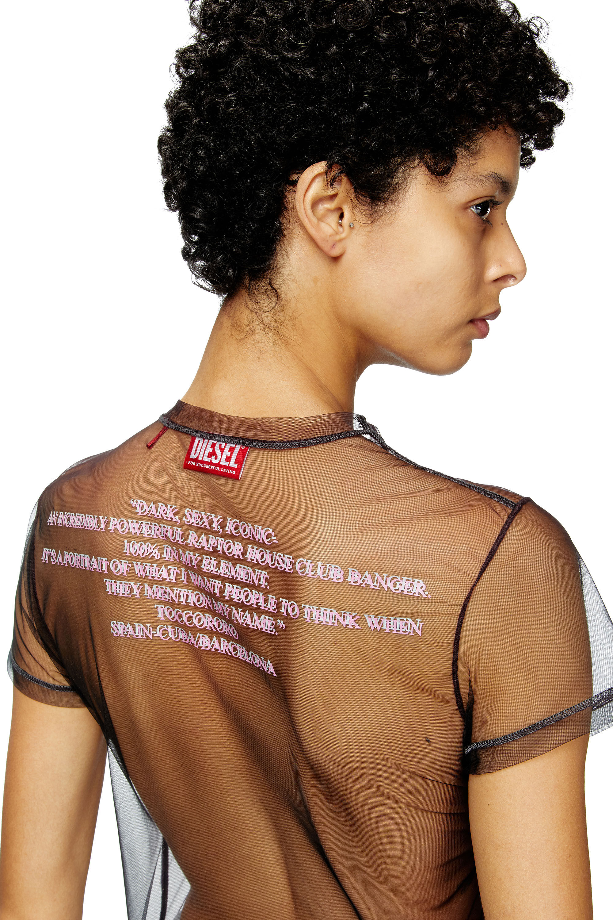 Diesel - T-YRAC, Top transparente con estampado de letras de canciones Mujer in Negro - 5