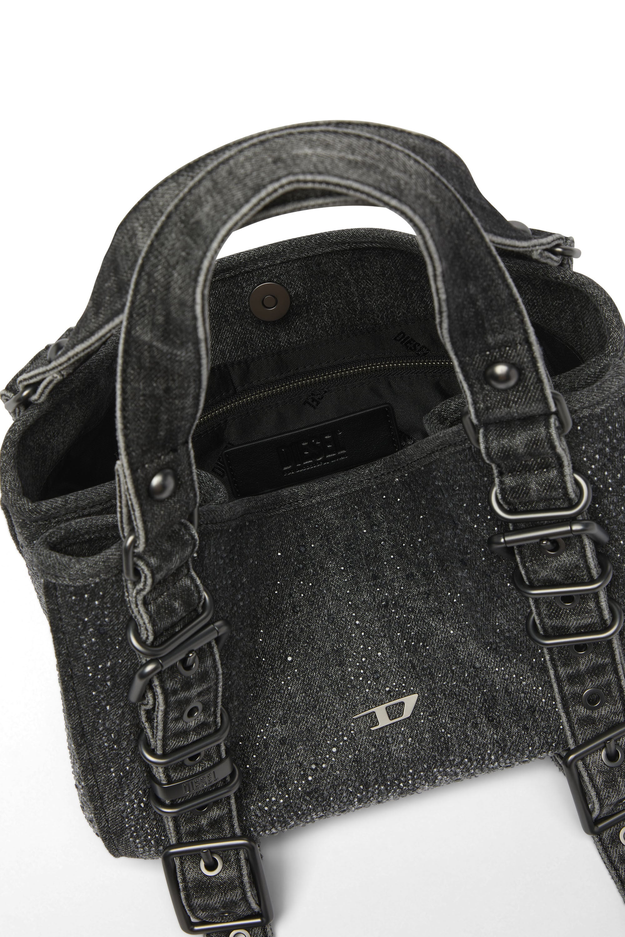 Diesel - D-ONE TOPHANDLE S, D-One-Bolso small con asa superior de denim solarizado con cristales Mujer in Negro - 3