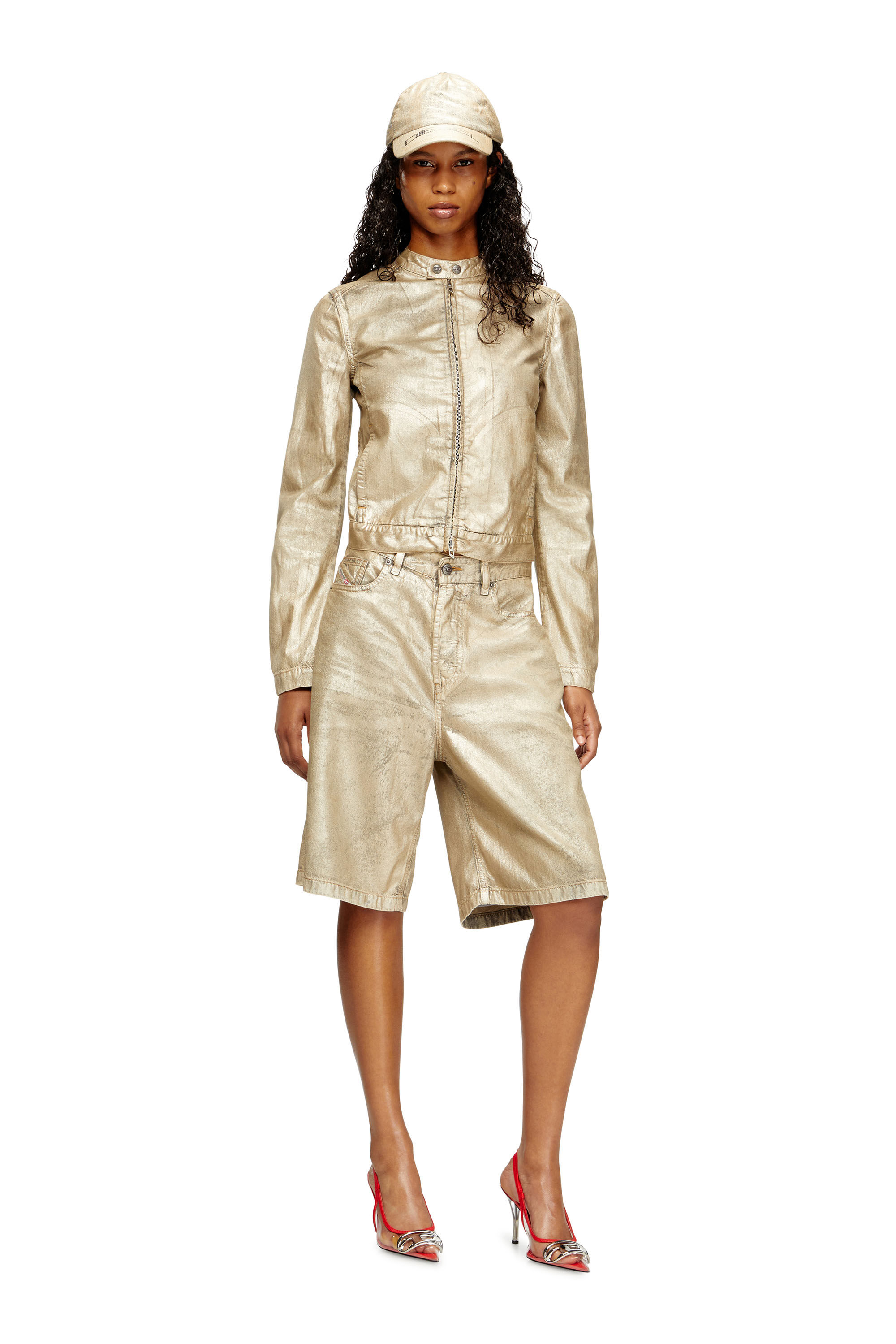 Diesel - Dile_Luna Jacket, Woman's Moto jacket in distressed metallic denim in Gold - 1