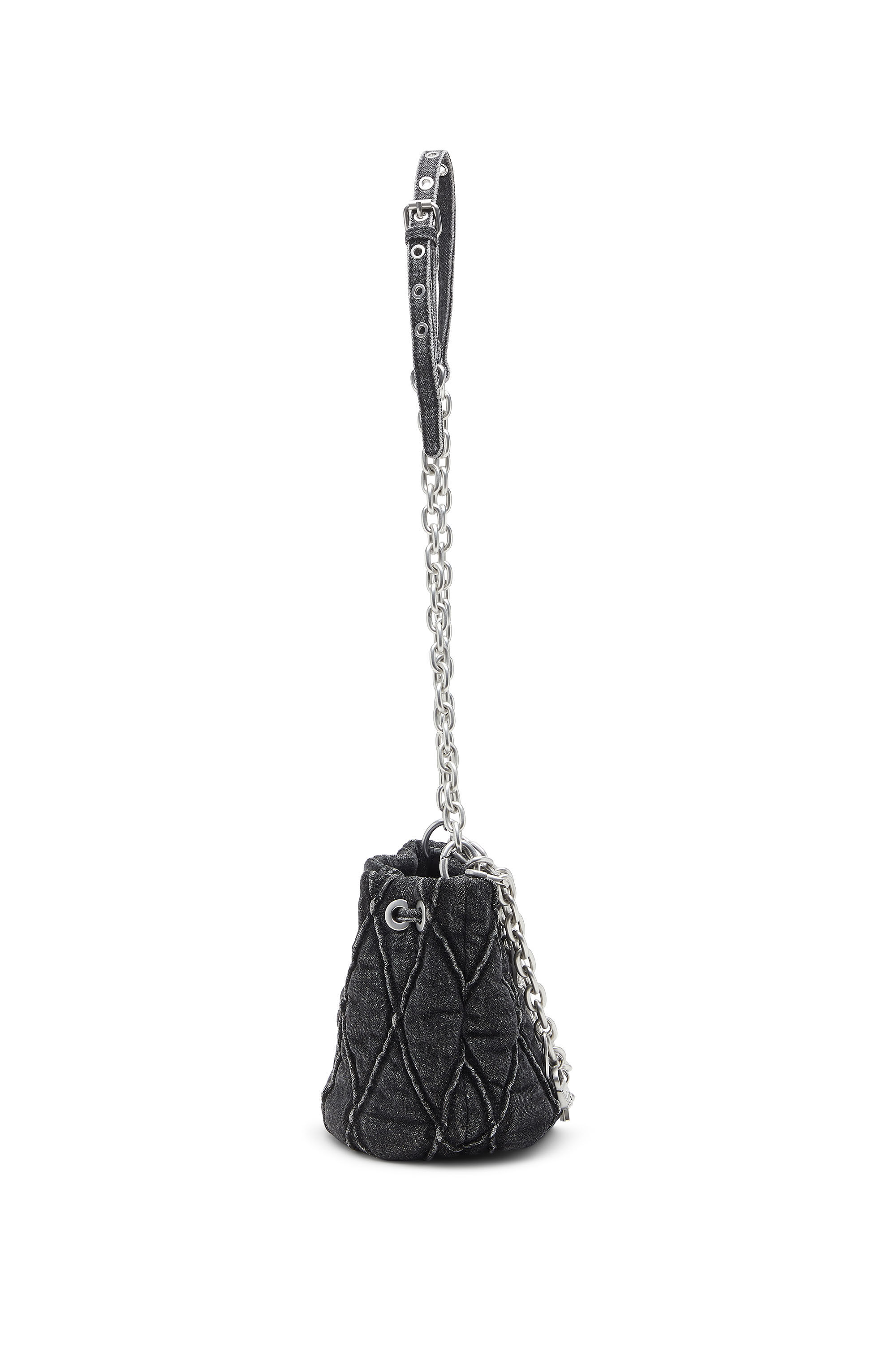 Diesel - HOSHI CHARM-D BUCKET S, Bolso cubo acolchado de denim con amuletos de cadena Mujer in Negro - 4