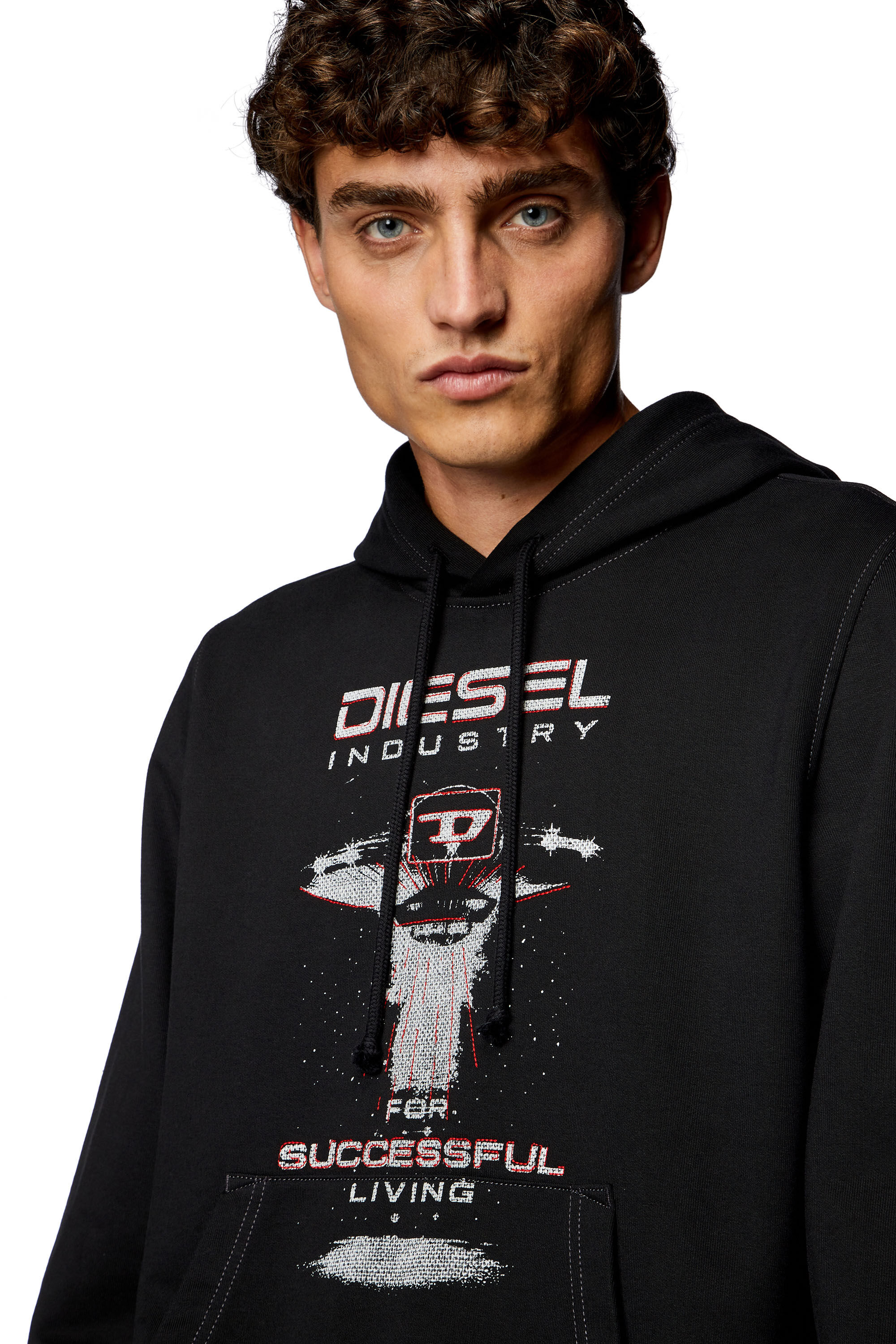 Diesel - S-GINN-HOOD-K36, Sudadera con capucha con estampado de nave espacial Hombre in Negro - 5