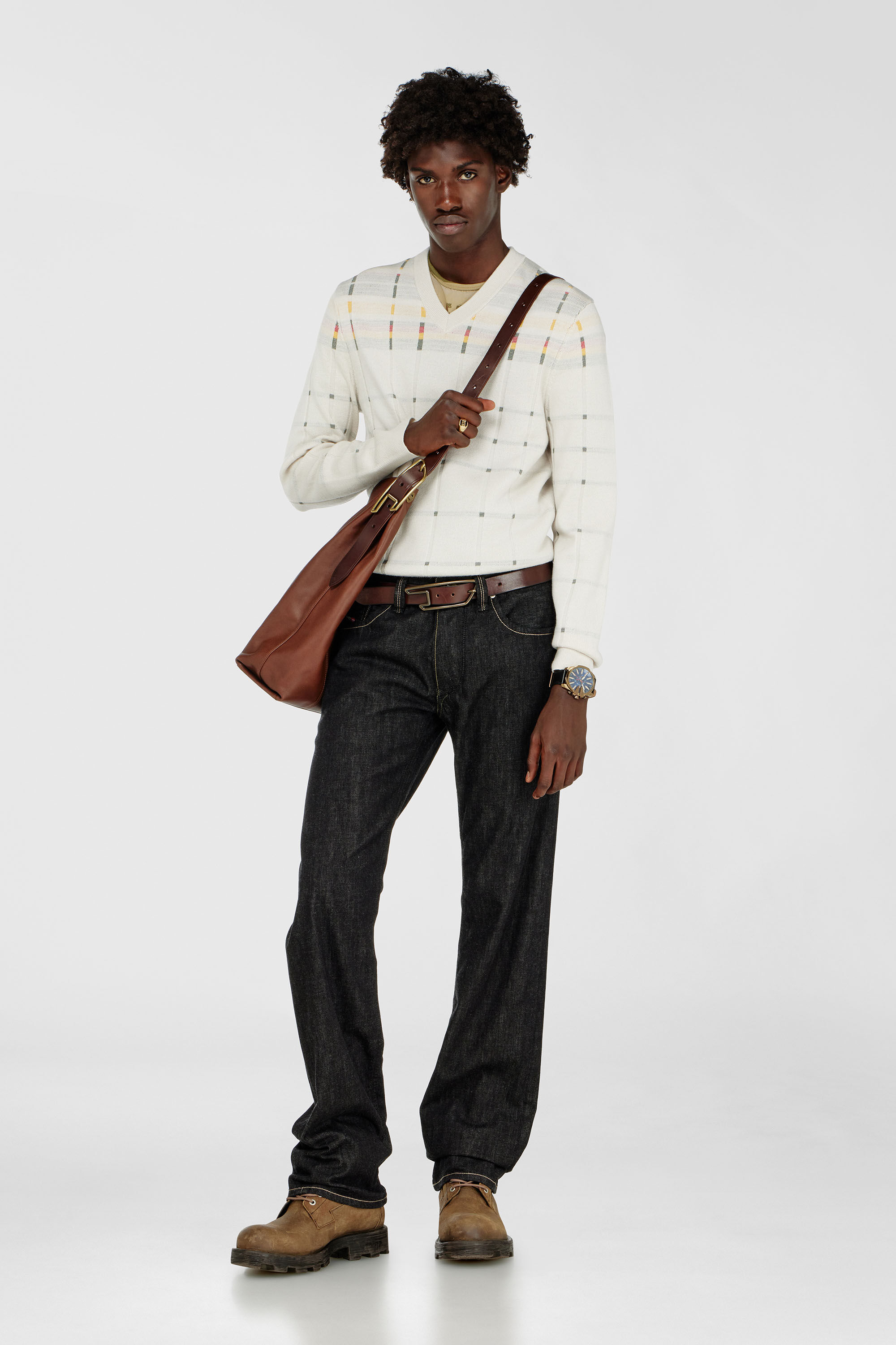 Diesel - K-ROENO, Jersey de lana con efecto de cuadros y cuello de pico Hombre in Blanco - 1