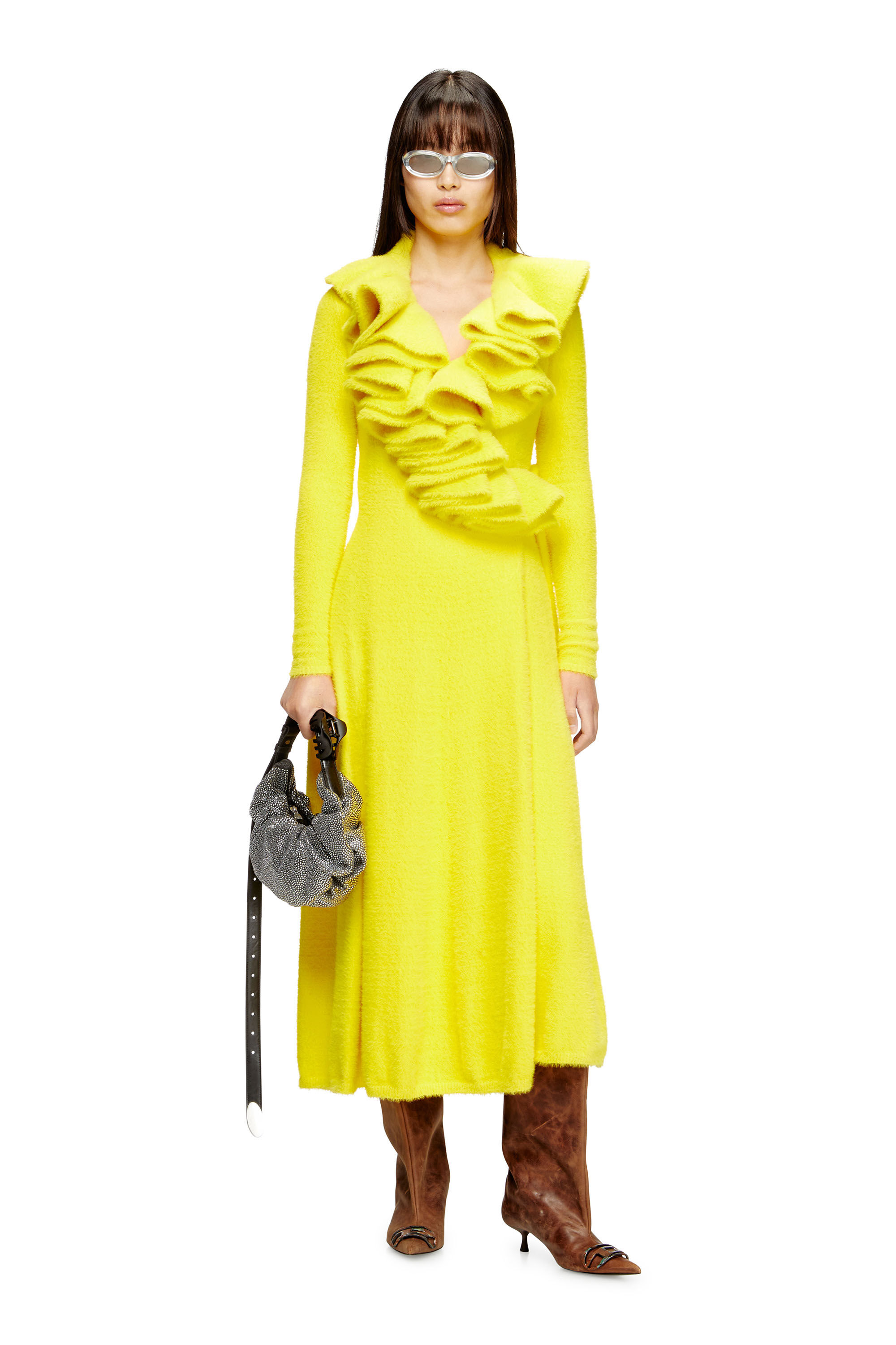 Diesel - M-INGELINA, Vestido midi esponjoso con cuello ondulado Mujer in Amarillo - 3