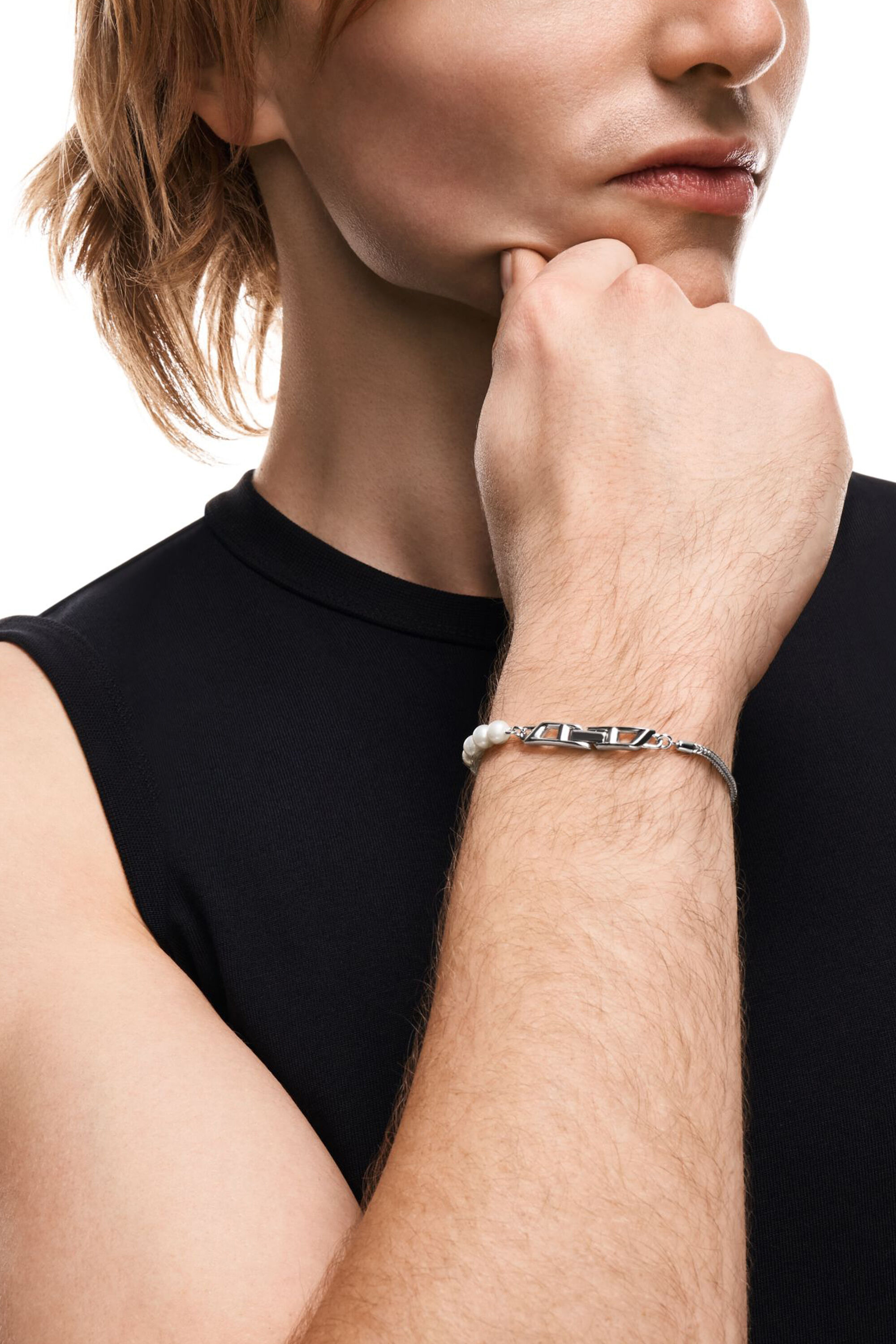 Diesel - DL1368040 STERLING SILVER JEWEL, Pulsera de cadena de plata de ley y perlas Unisex in Plateado - 4