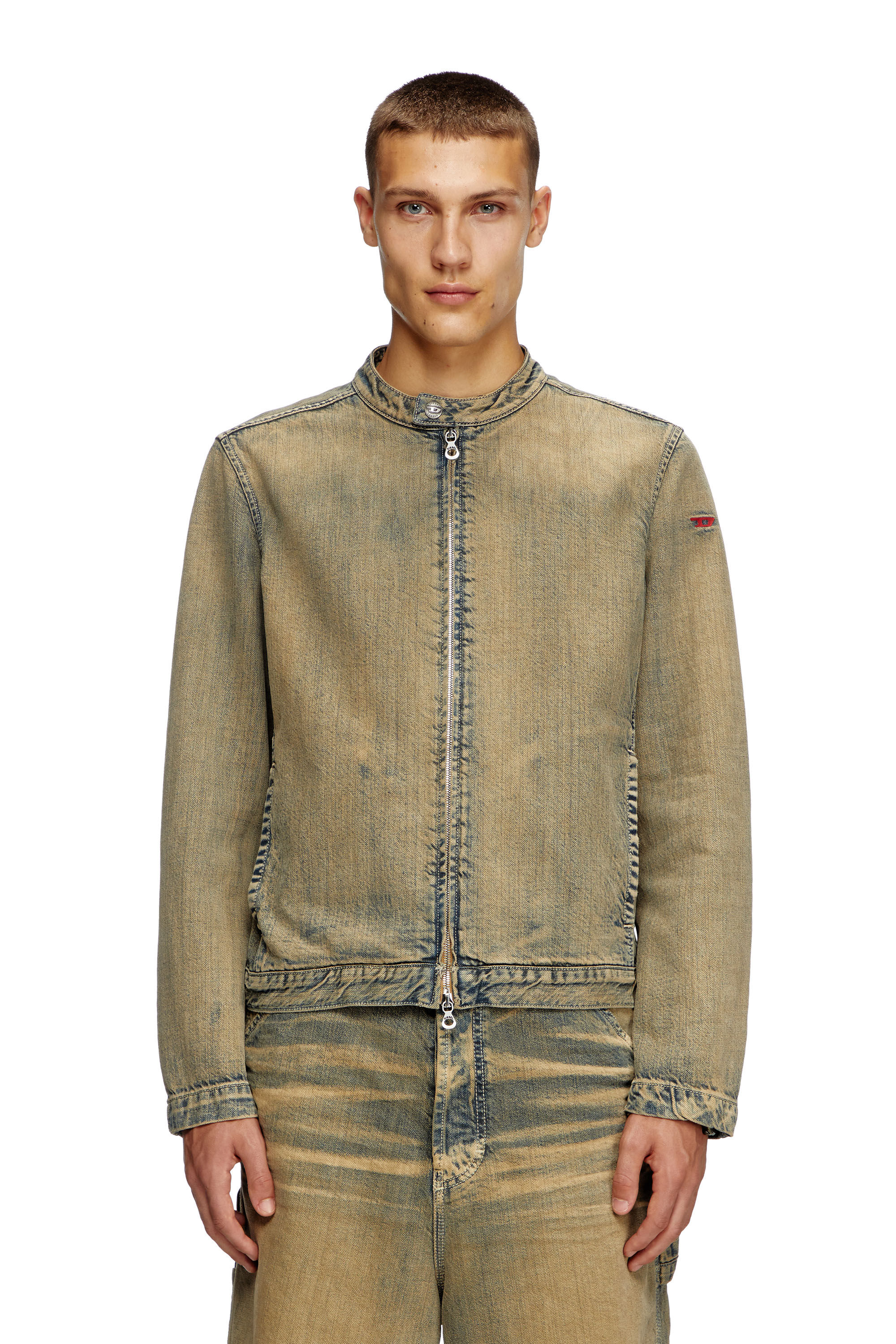 Diesel - D-GLORY, Chaqueta motera en denim cepillado dorado Hombre in Azul marino - 3