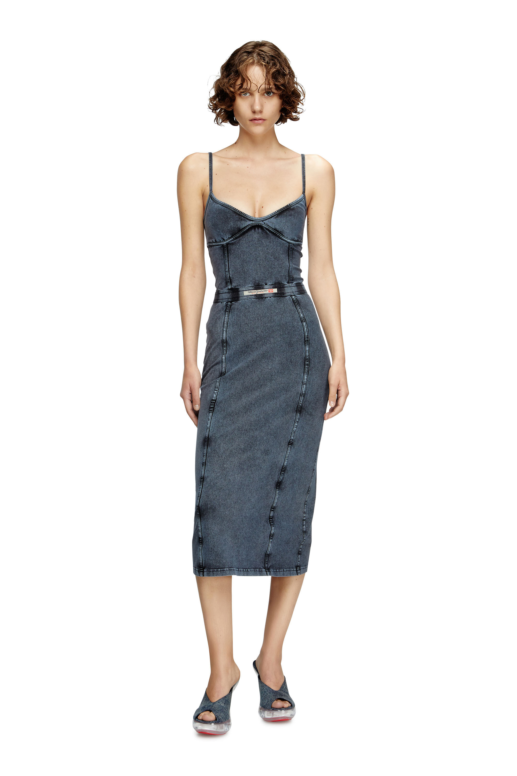 Diesel - D-ONY, Vestido midi de punto con aspecto denim Mujer in Azul marino - 1