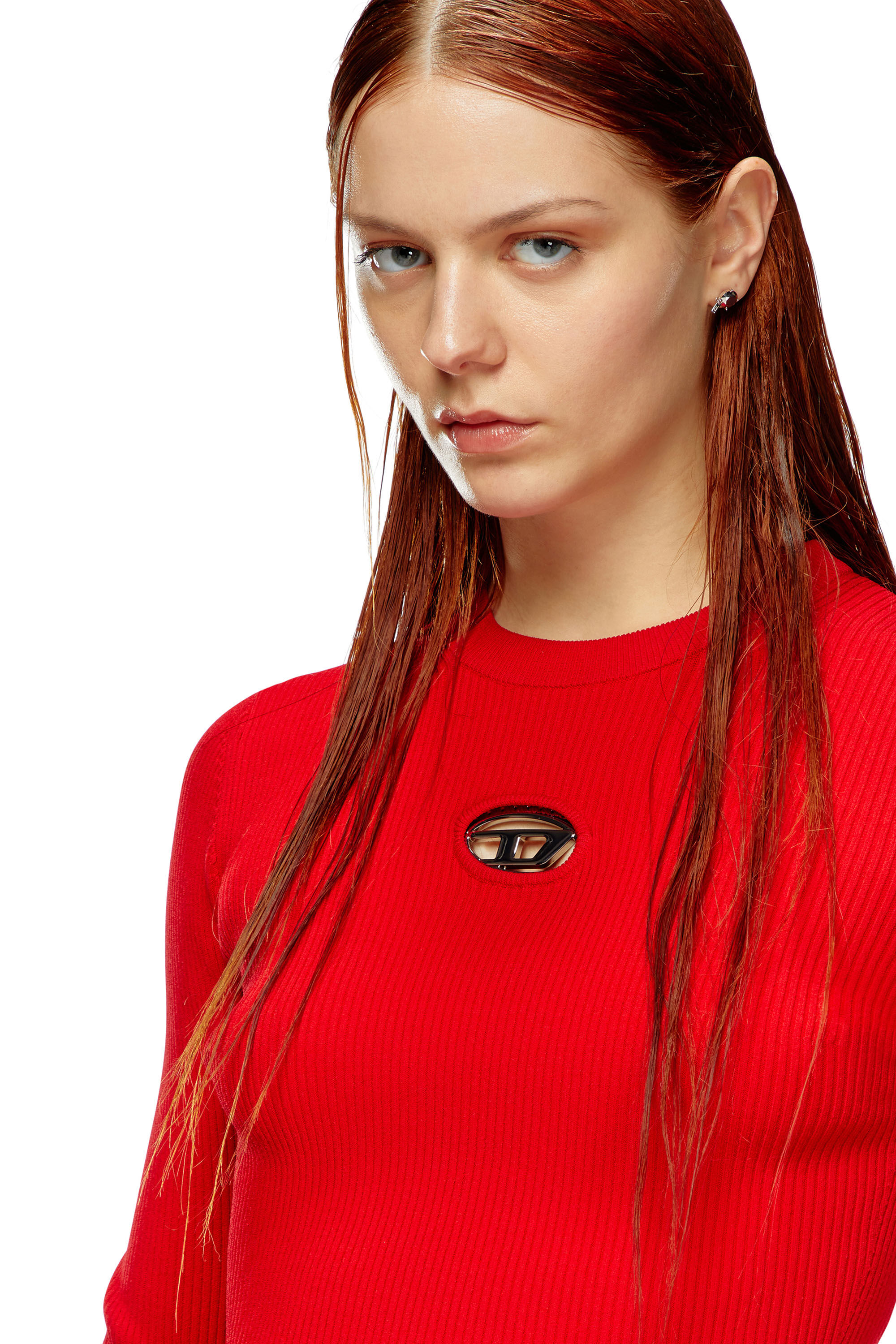 Diesel - M-VALARI, Mujer Top de mezcla de viscosa tejido en canalé con Oval D in Rojo - Image 5