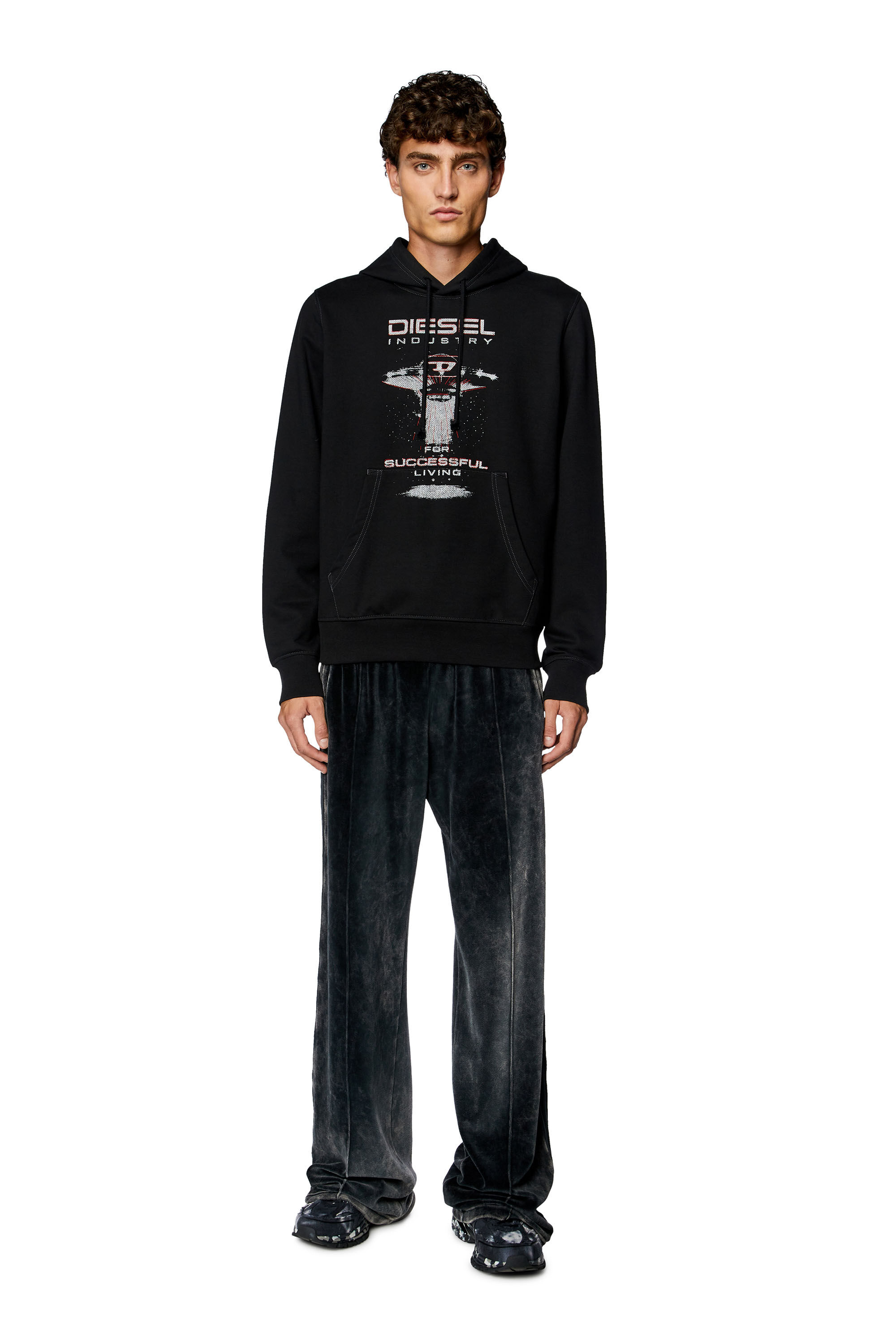 Diesel - S-GINN-HOOD-K36, Sudadera con capucha con estampado de nave espacial Hombre in Negro - 1