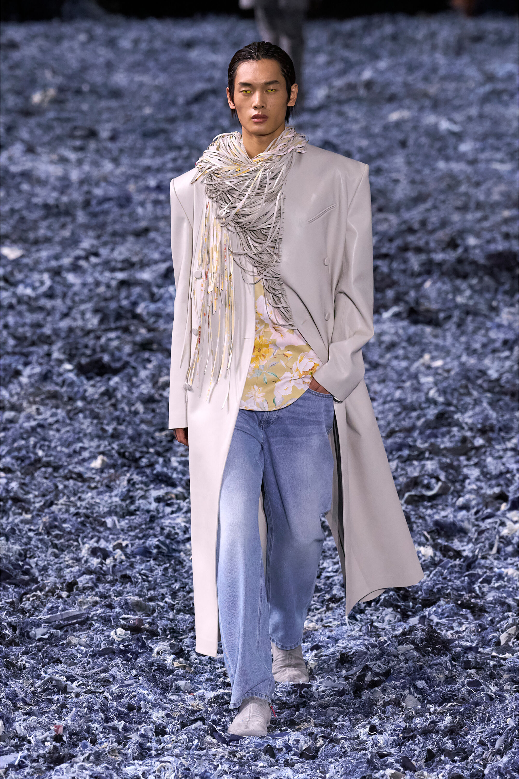 Diesel - J-ELDAR-A, Abrigo largo con flecos de bufanda rayada Hombre in Gris - 6