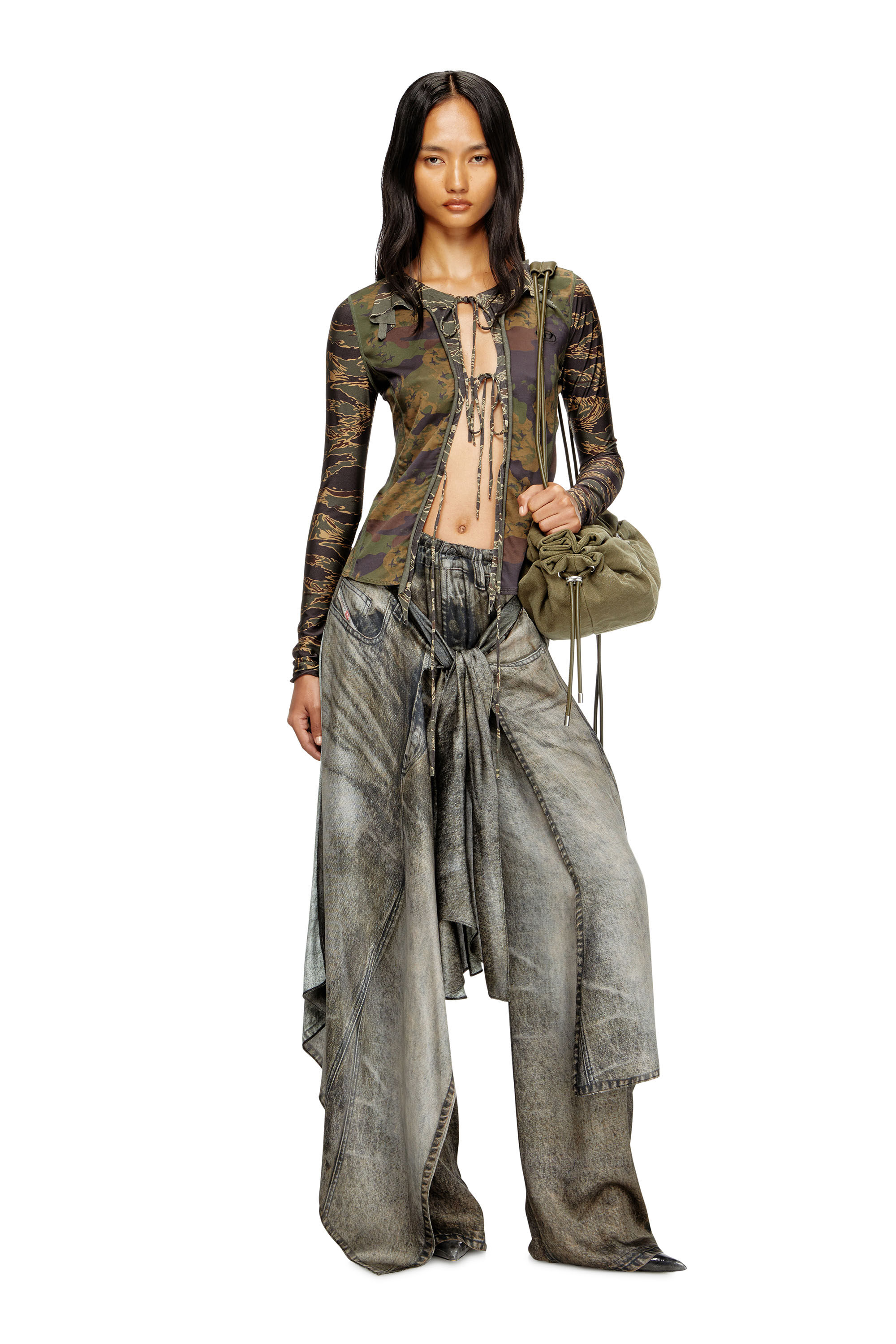 Diesel - T-AFRY, Cárdigan con lazo y mezcla de estampados de camuflaje Mujer in Verde - 1