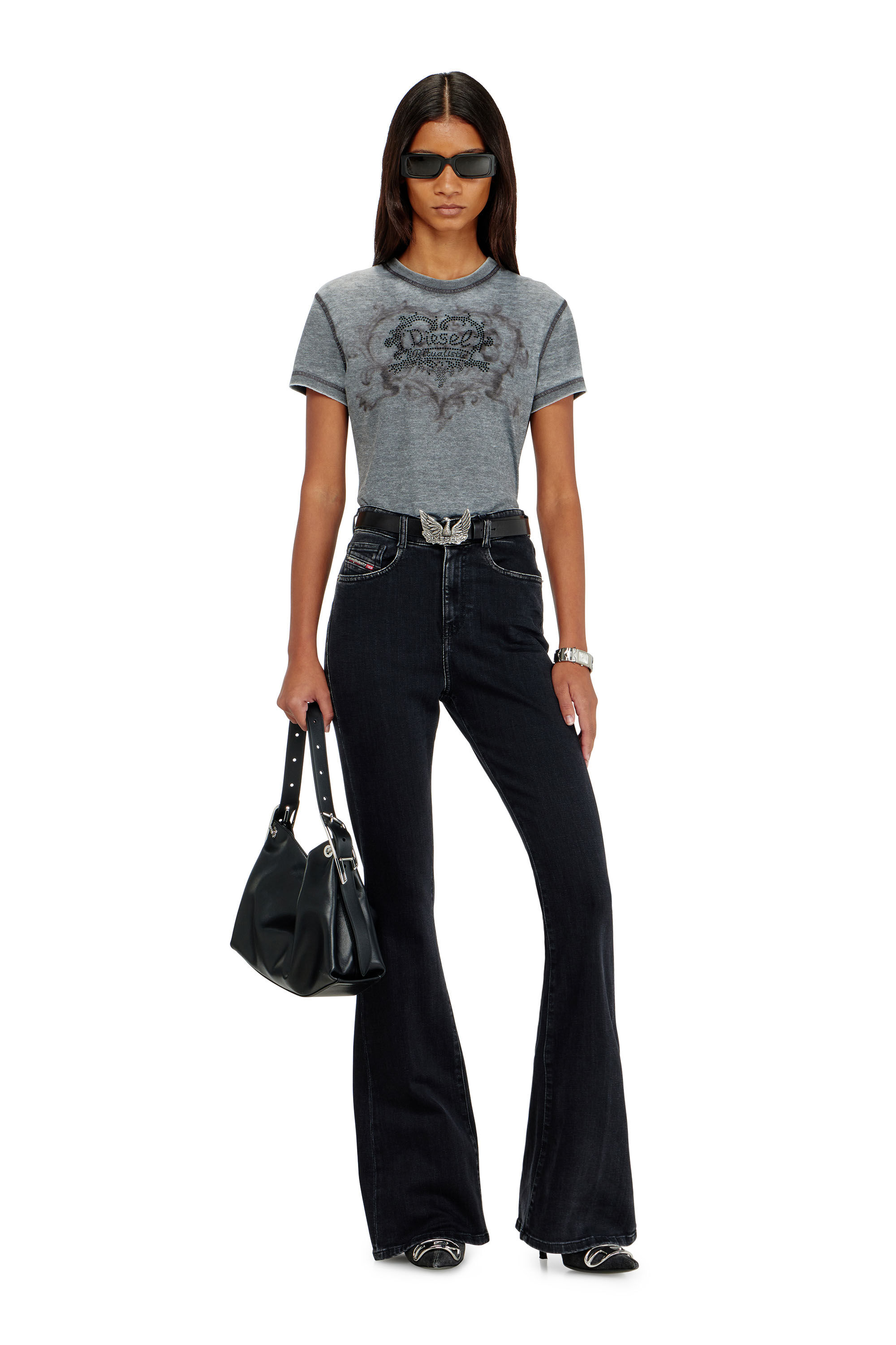 Diesel - T-ILA-AA1, Camiseta de jersey con strass y burnout effect Mujer in Gris - 1