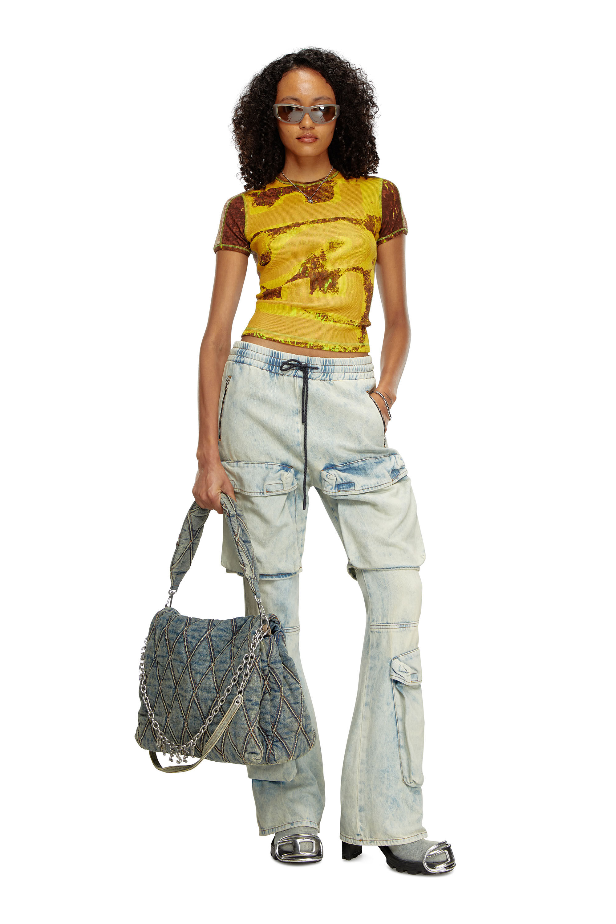 Diesel - T-ELE-LONG-P5, Camiseta en canalé con estampado abstracto Mujer in Multicolor - 1