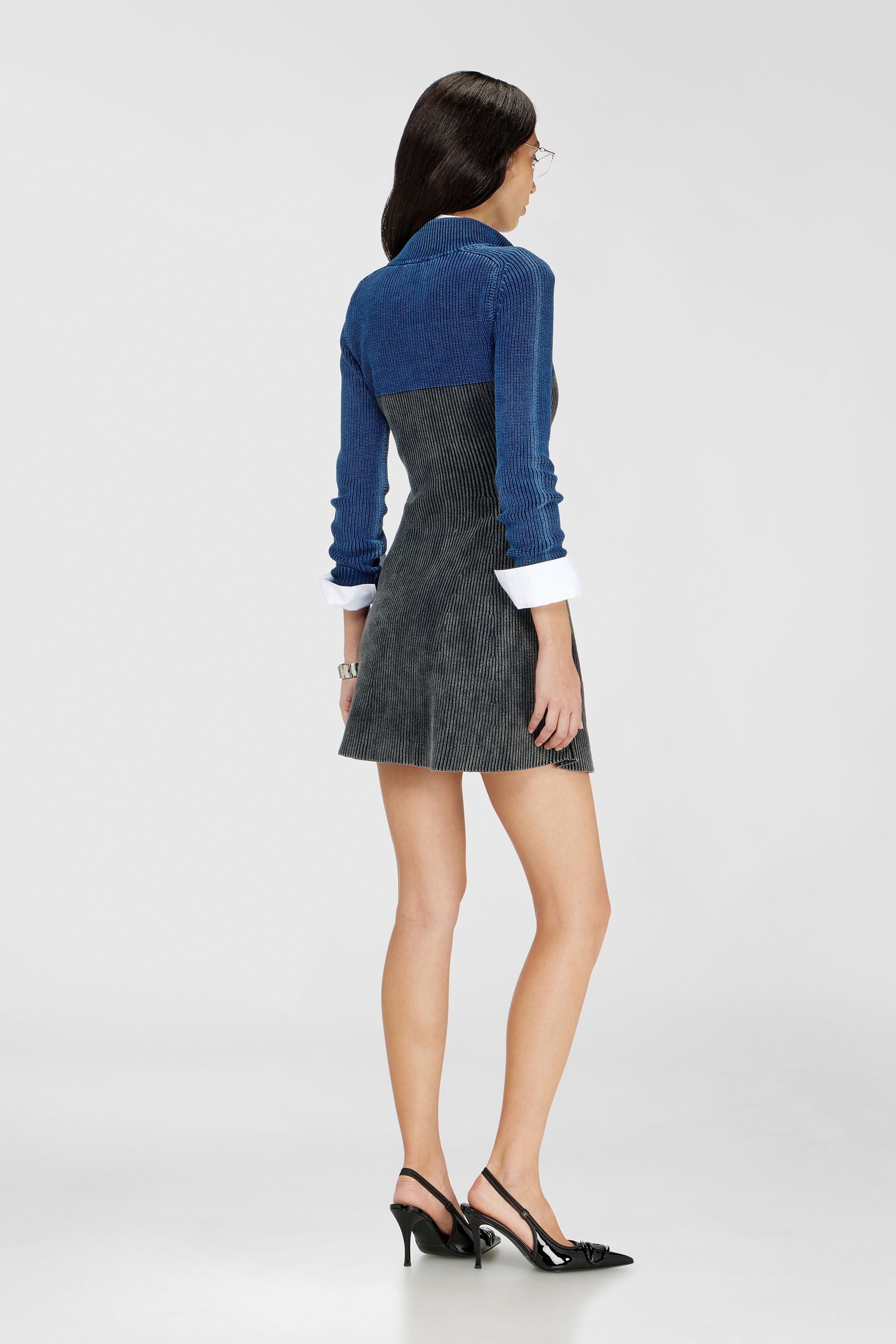 Diesel - M-HERMOSA, Woman's Rib-knit mini dress with two-tone denim effect in Blue/Black - 4