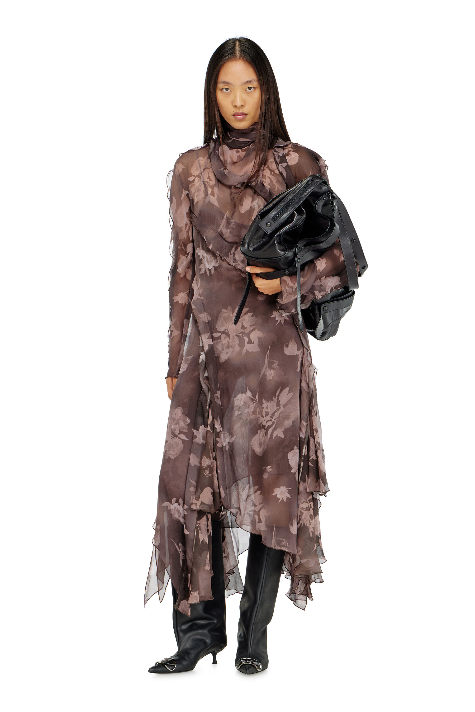 Diesel - D-RIADI, Vestido midi asim&eacute;trico de gasa y crep&eacute; de seda Mujer in Marr&oacute;n - 1