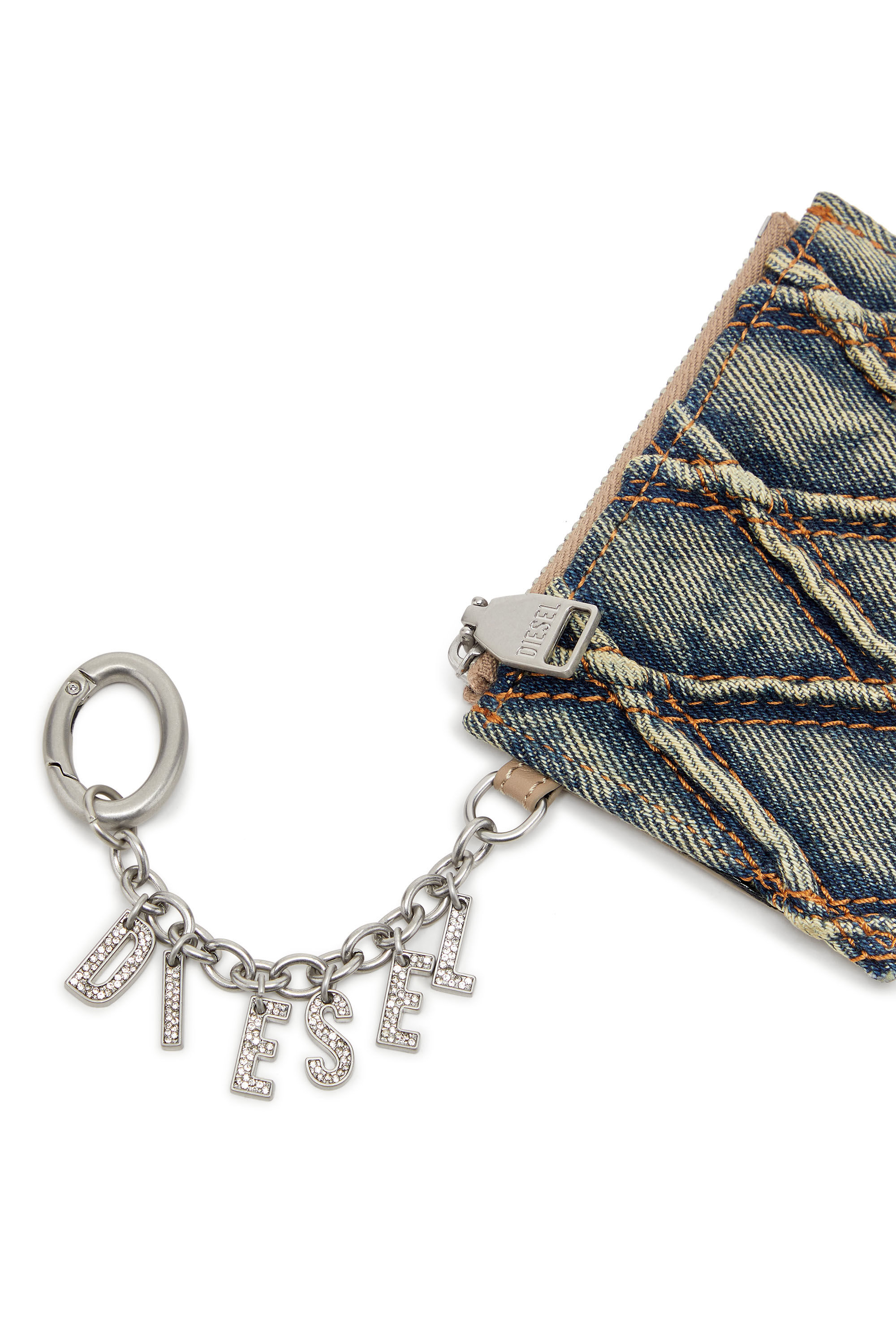 Diesel - CARD HOLDER WITH CHAIN, Tarjetero de denim acolchado con motivo argyle Mujer in Azul marino - 4
