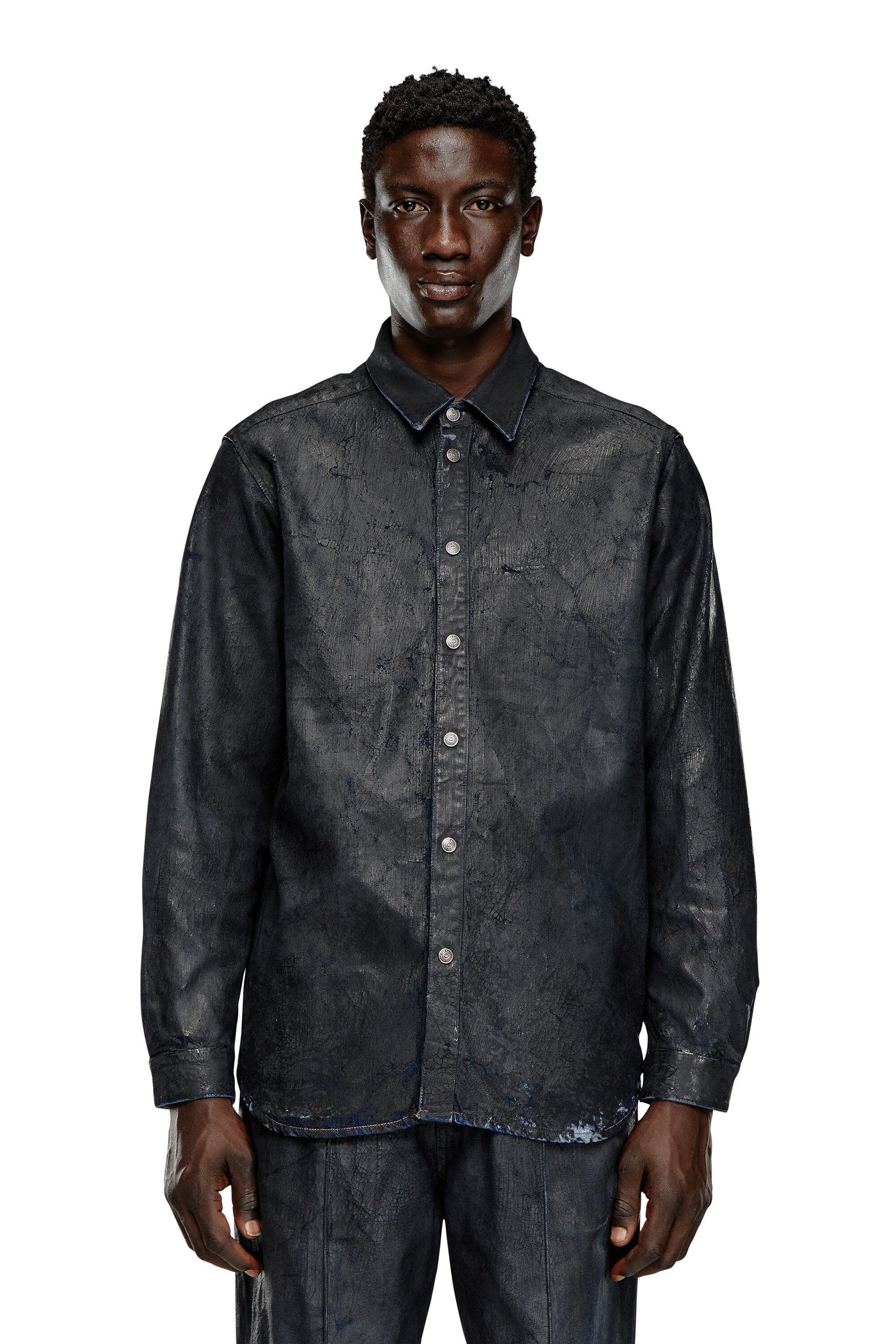 Men s Denim shirt with craquele coating Black Diesel