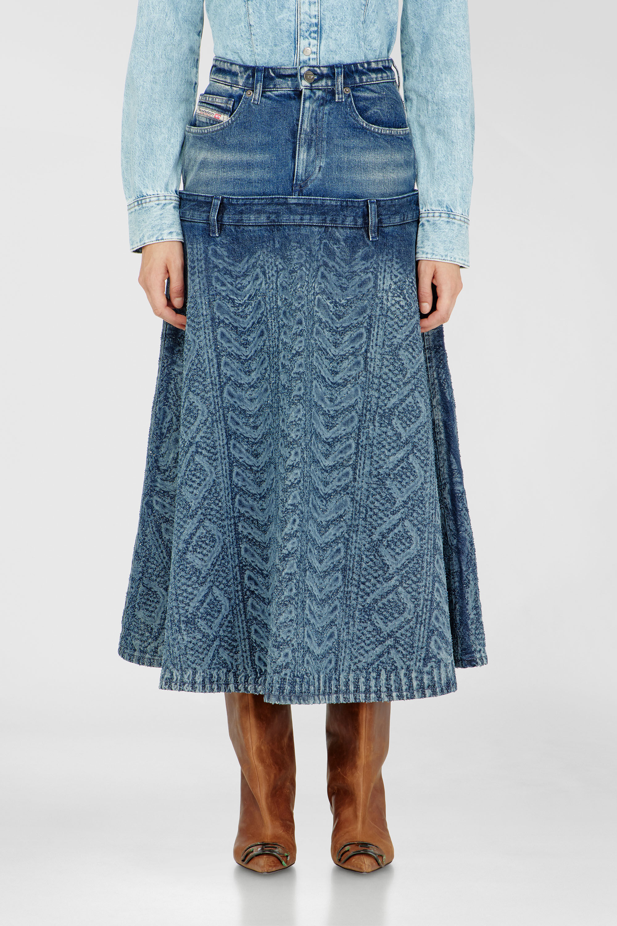 Diesel - DE-VORYA-S1, Falda midi de denim con efecto punto trenzado Mujer in Azul marino - 3