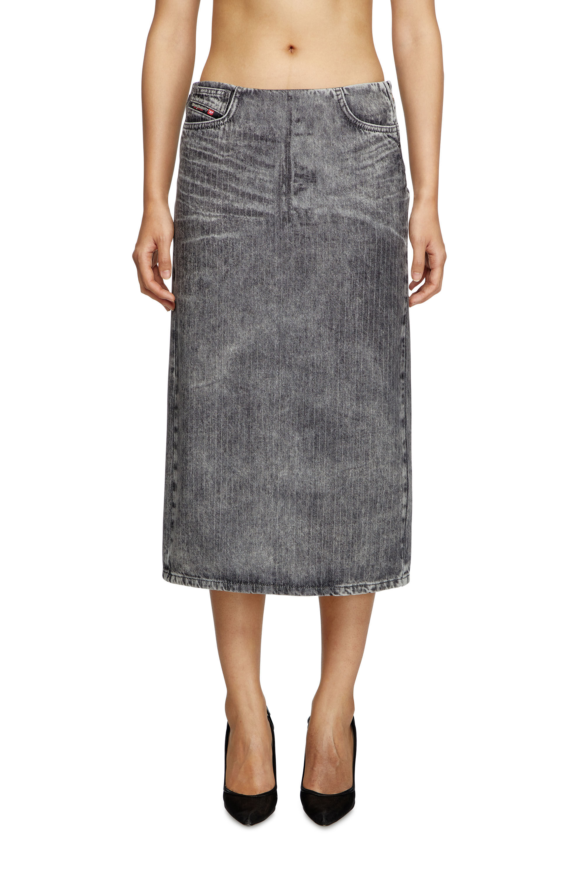 Diesel - DE-PRA-S4, Falda midi de denim a rayas finas Mujer in Gris - 3