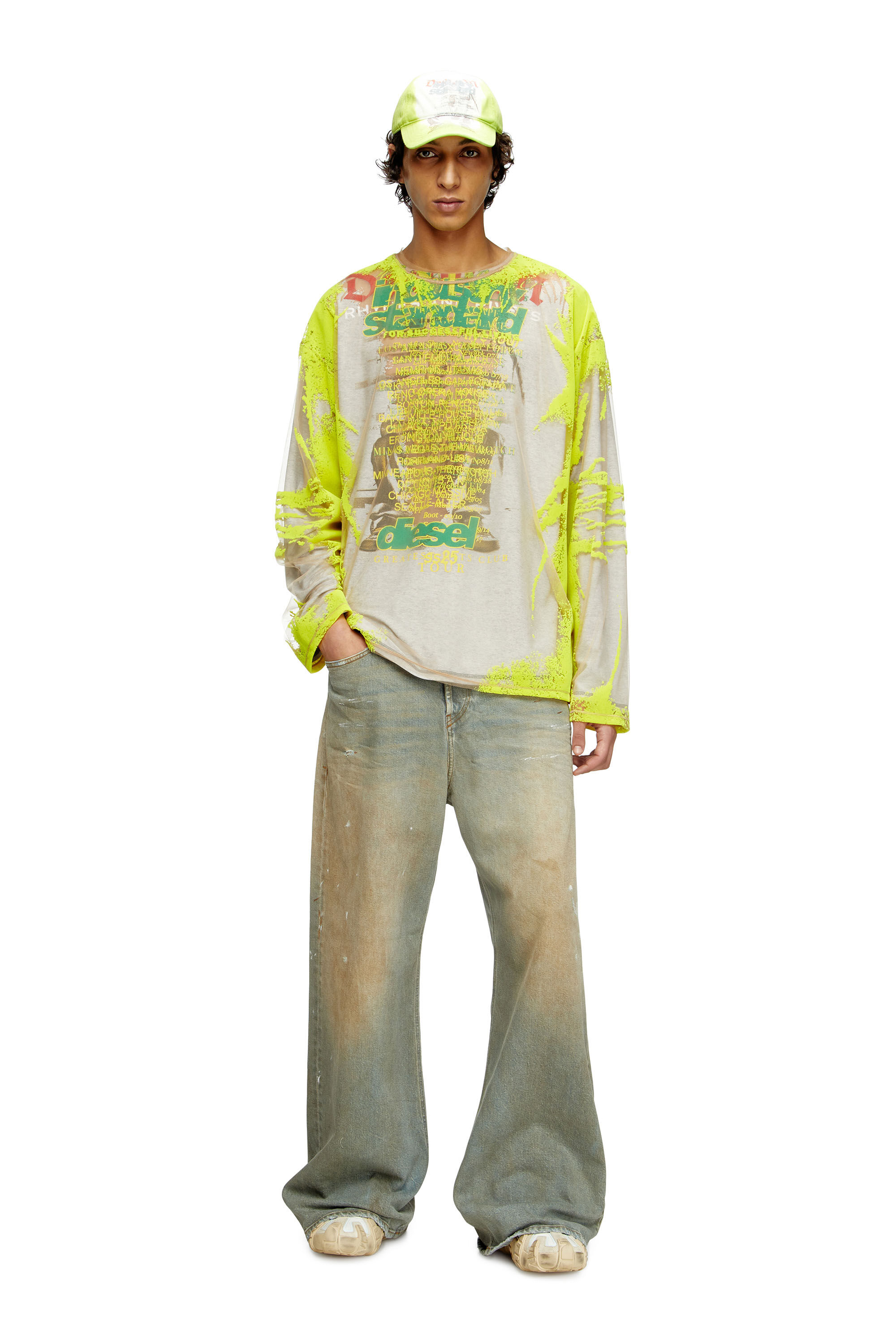 Diesel - T-HASSAN-LS-A, Camiseta de nailon con estampado de letras de canciones y manga larga Unisex in Amarillo - 1