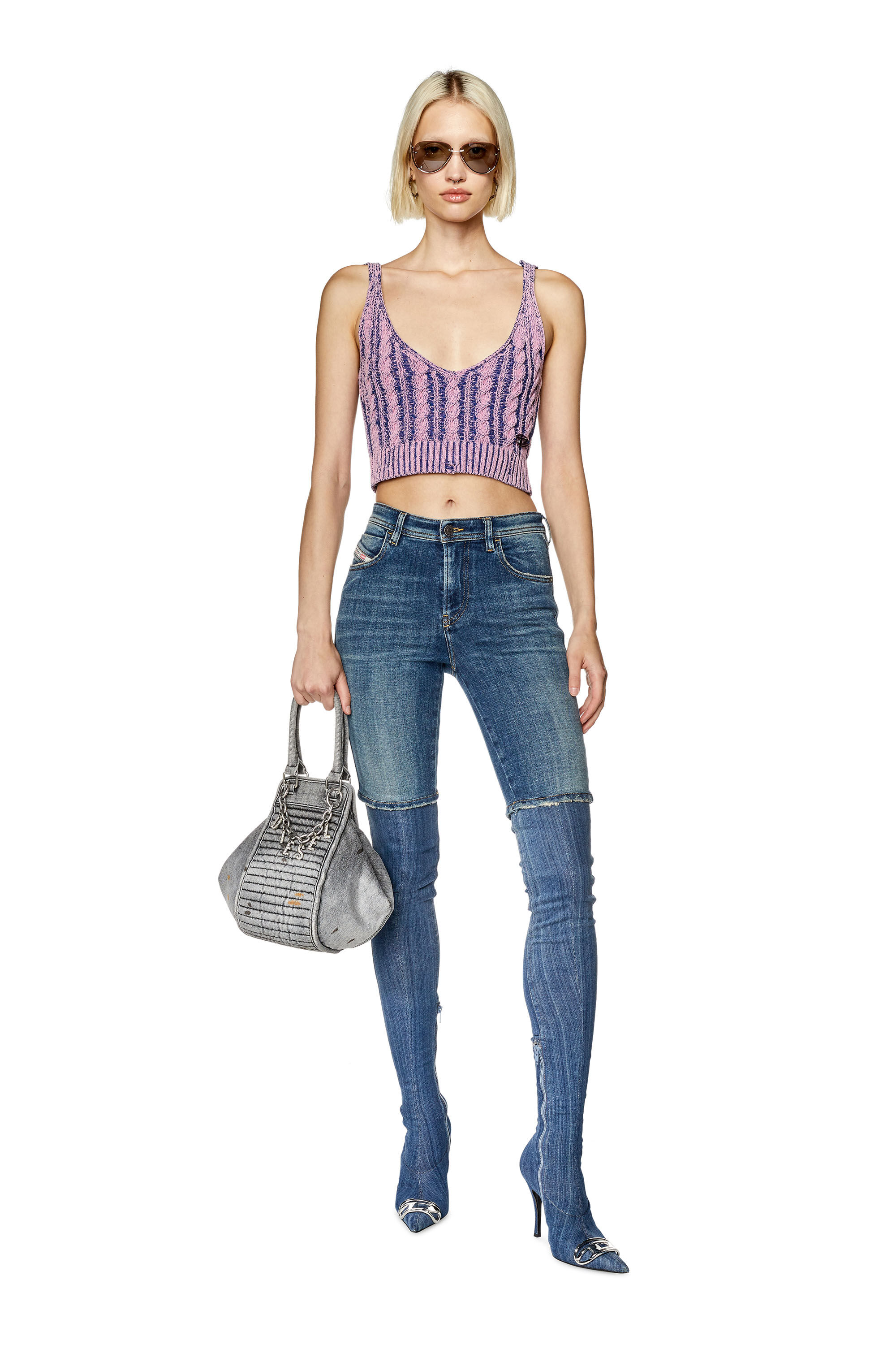 Diesel - M-MILOS, Top recortado de chenilla en punto trenzado Mujer in Morado - 1