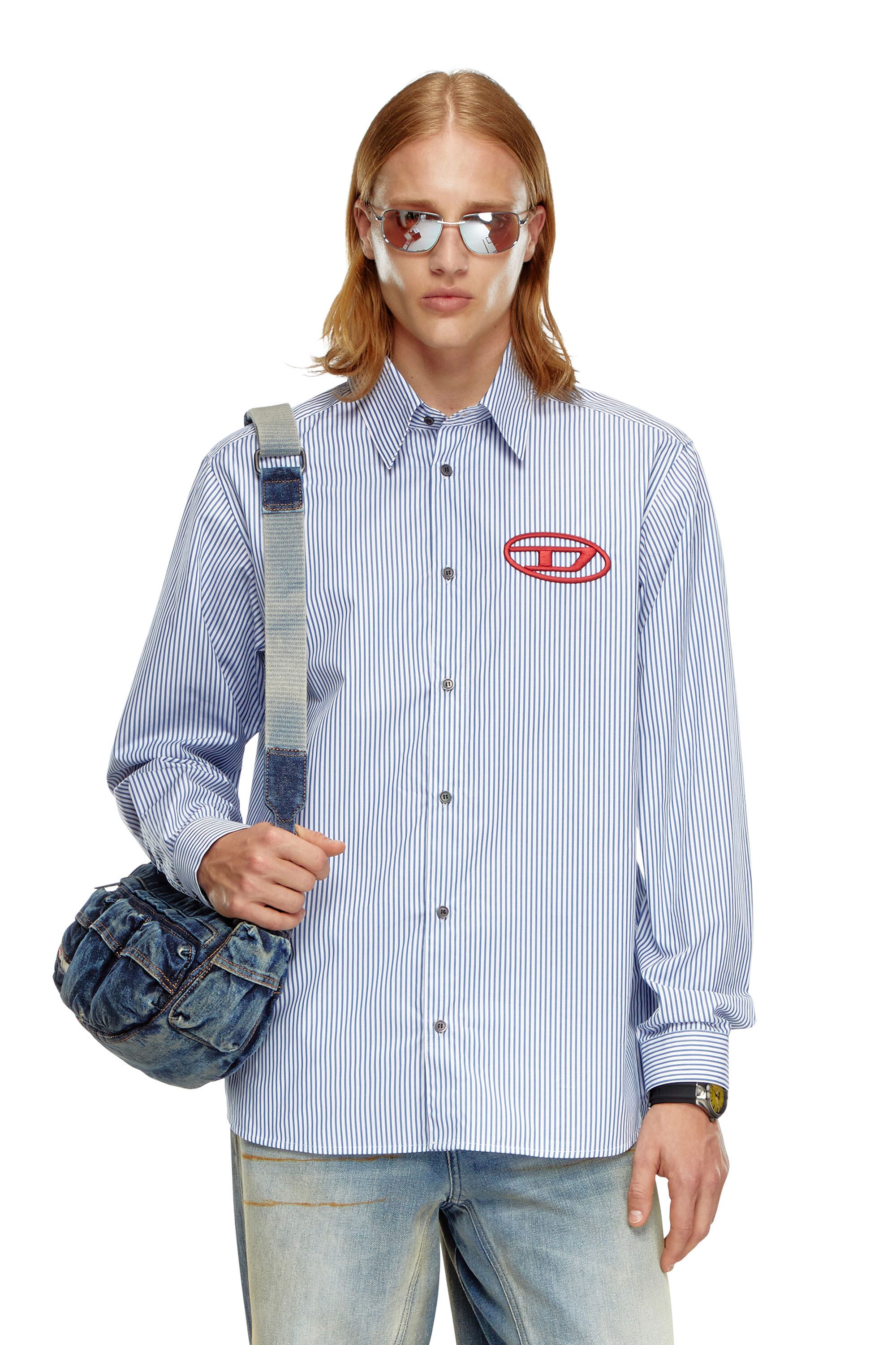 Diesel - S-SIMPLY-E, Hombre Camisa a rayas con bordado Oval D in Azul marino - Image 3