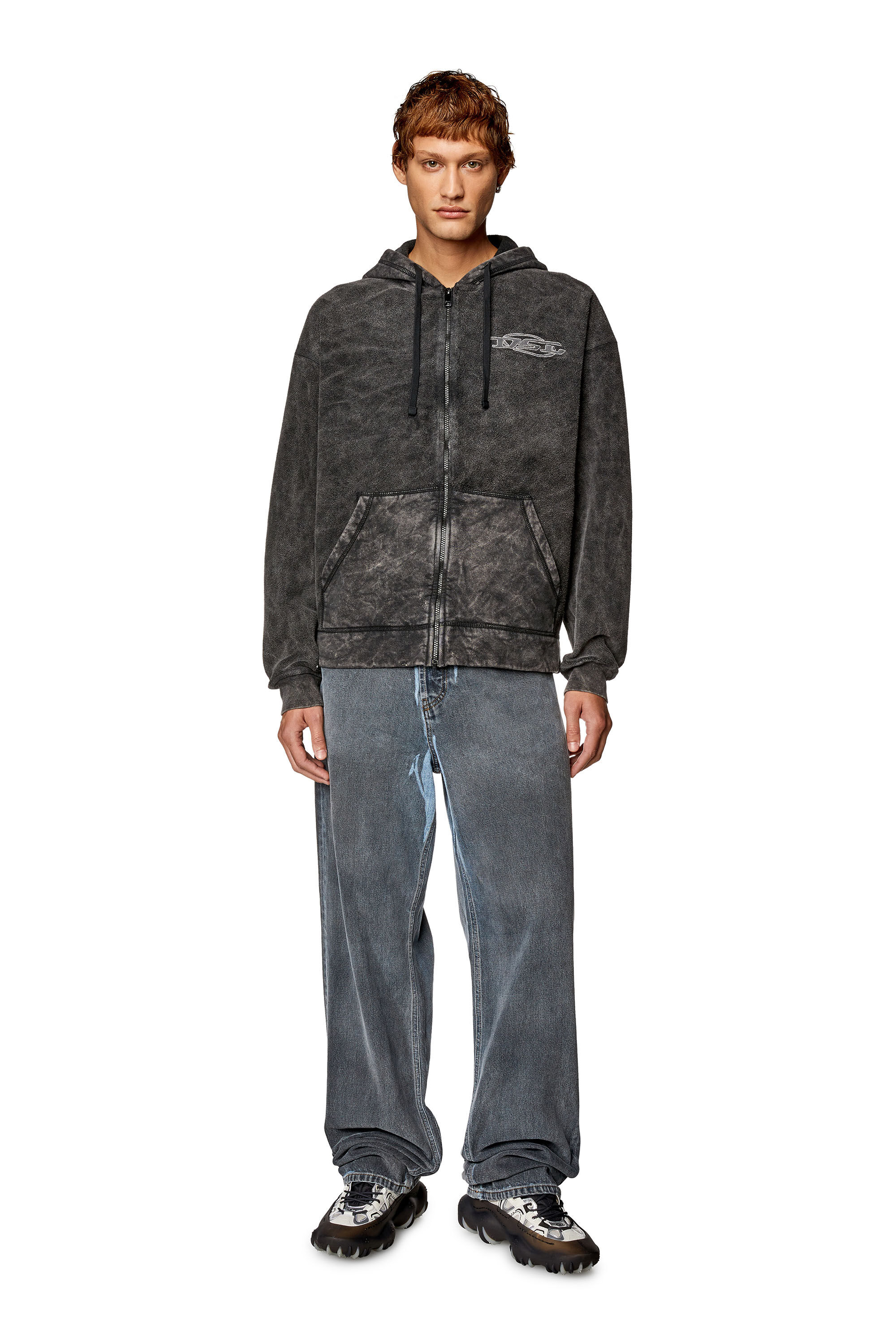 Diesel - S-ORS-HOOD-ZIP, Man's Zip hoodie in marble-washed looped fleece in Black - 1