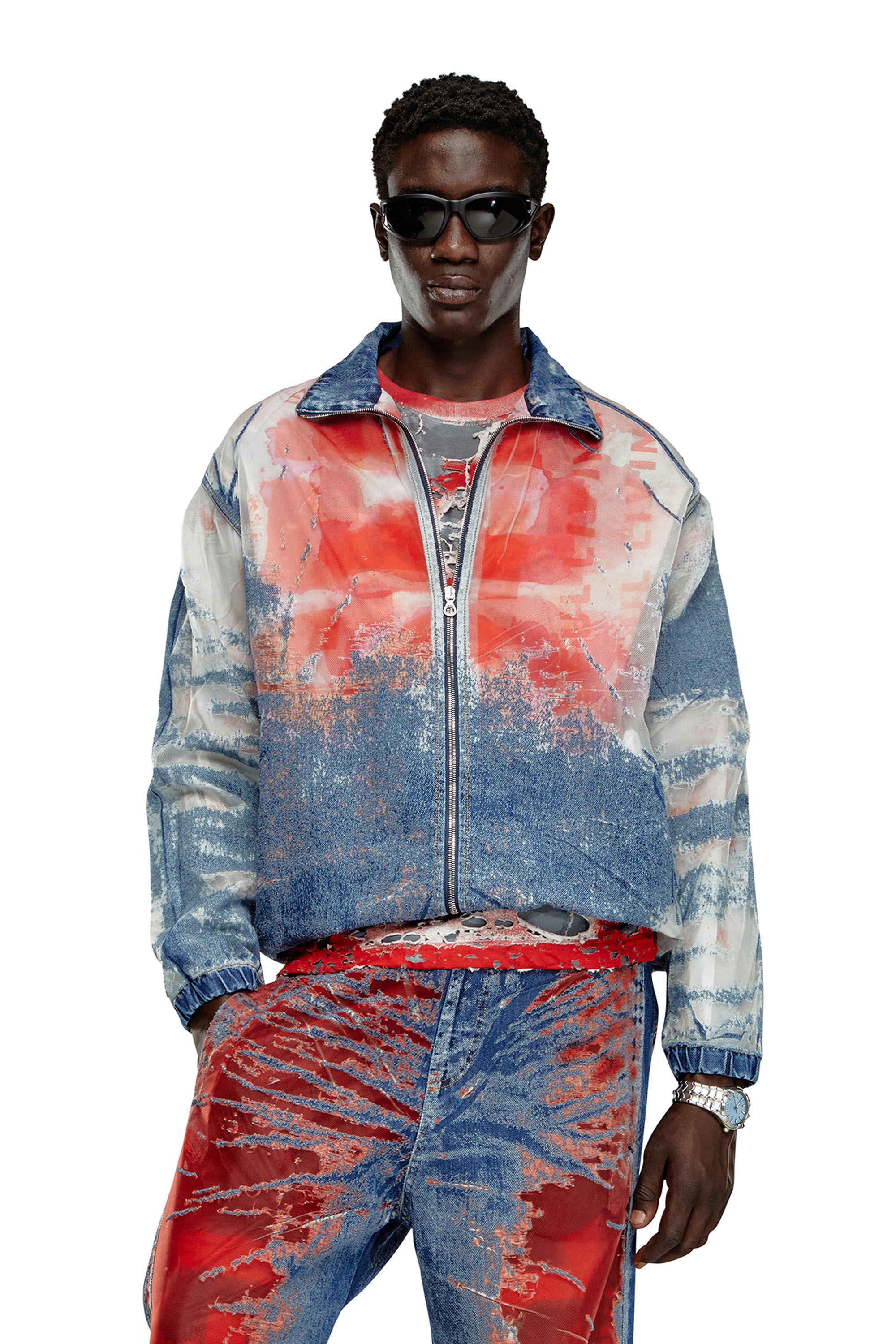 d*4様 archive diesel flare sleeve jacket Chaqueta en denim dévoré con logotipo Hombre | Multicolor | Diesel