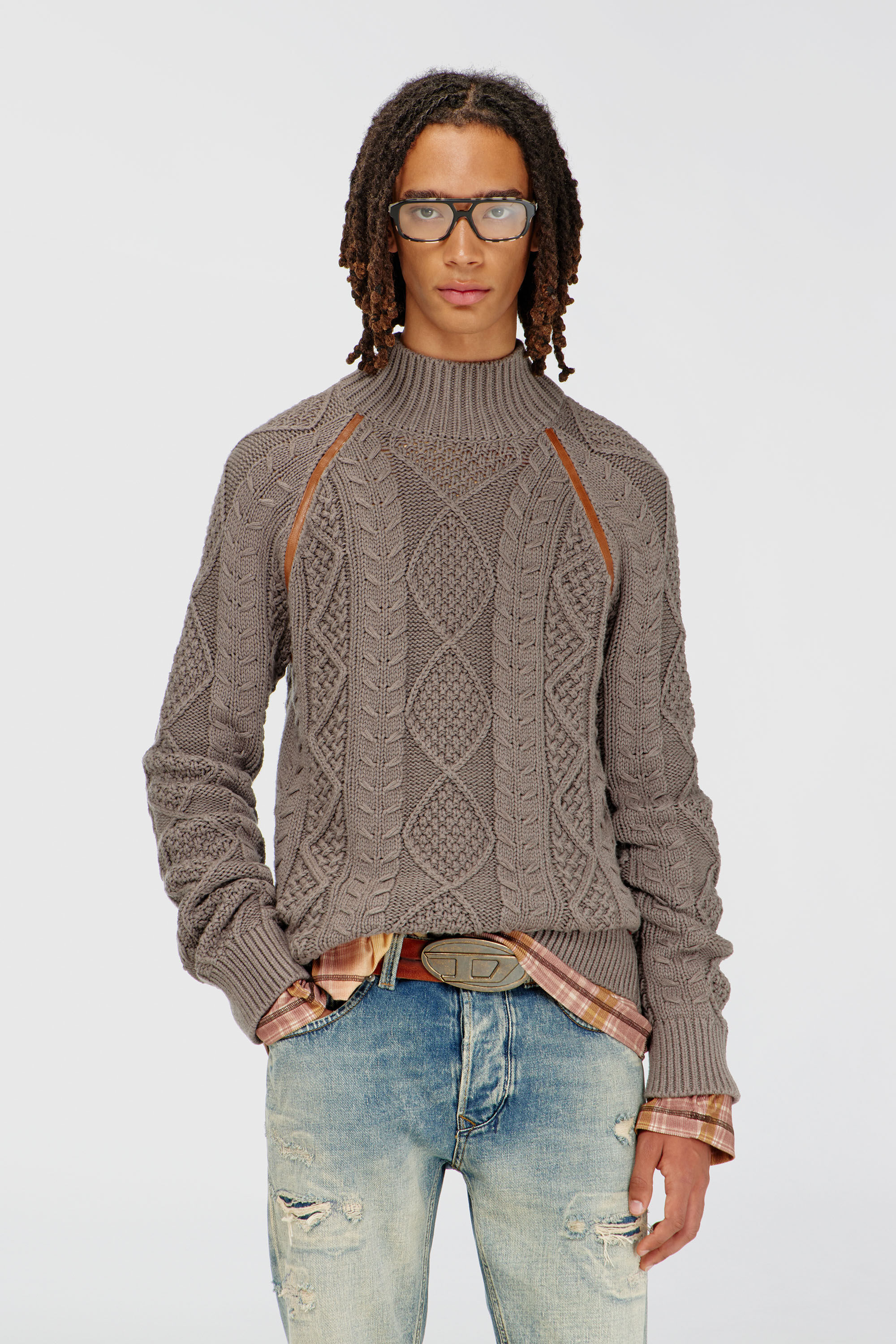 Diesel - K-INOME, Jersey de cuello alto de punto trenzado Hombre in Gris - 3