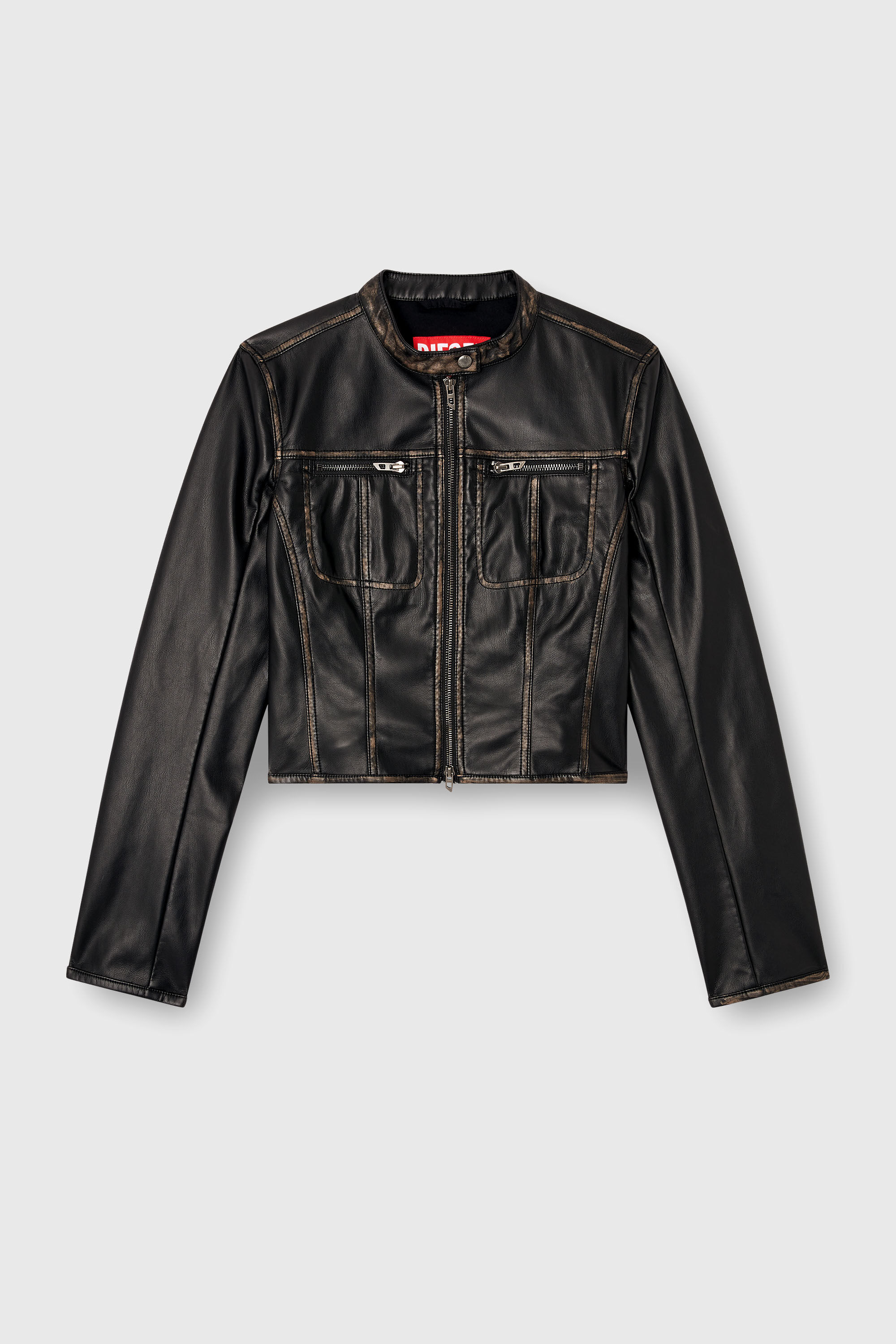 Diesel - G-LOBE, Chaqueta biker desgastada recortada Mujer in Negro - 2