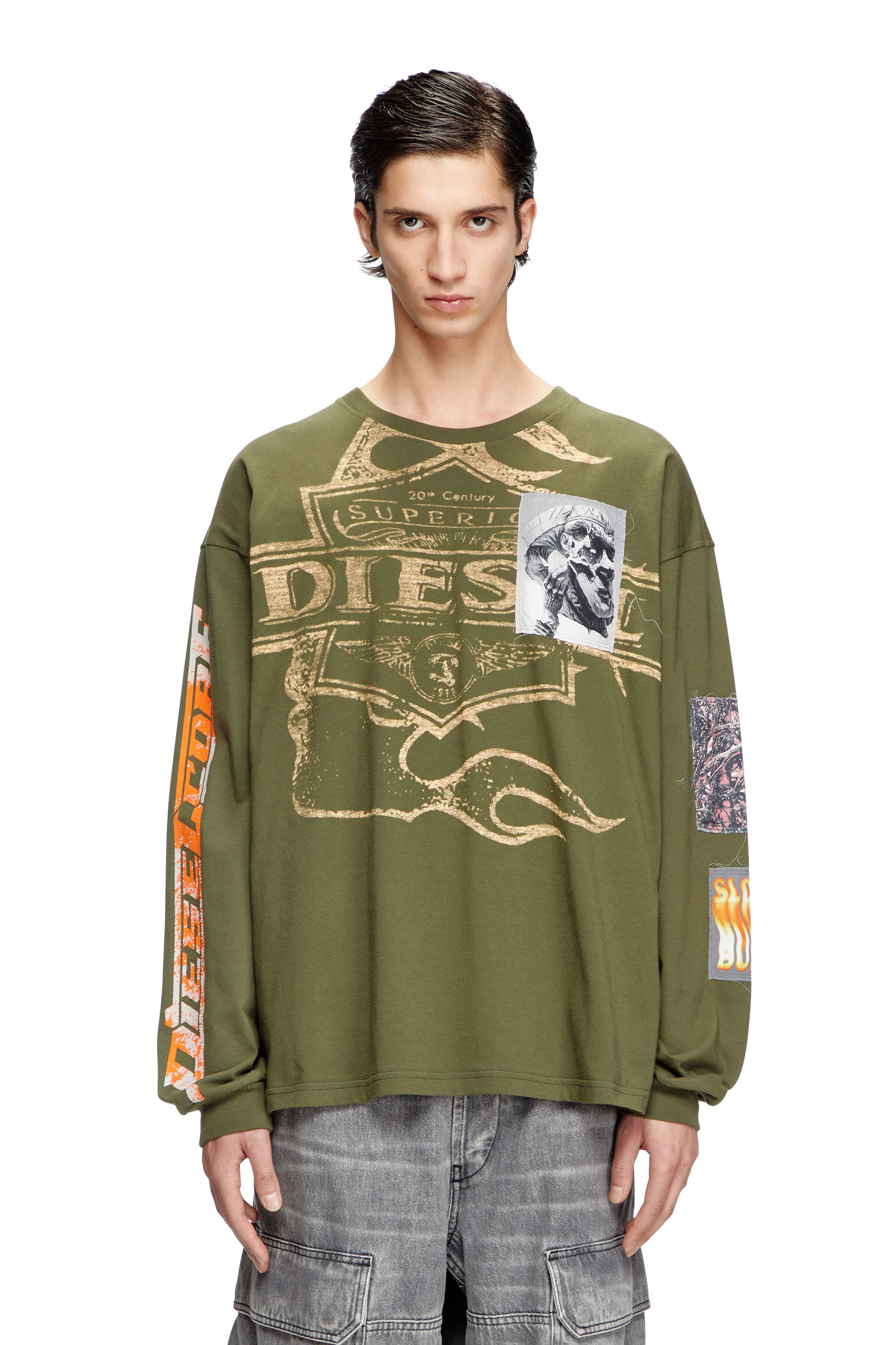 Diesel - T-BOXT-LS-SLITS-R5, Camiseta de manga larga con parches gráficos Hombre in Verde - 3