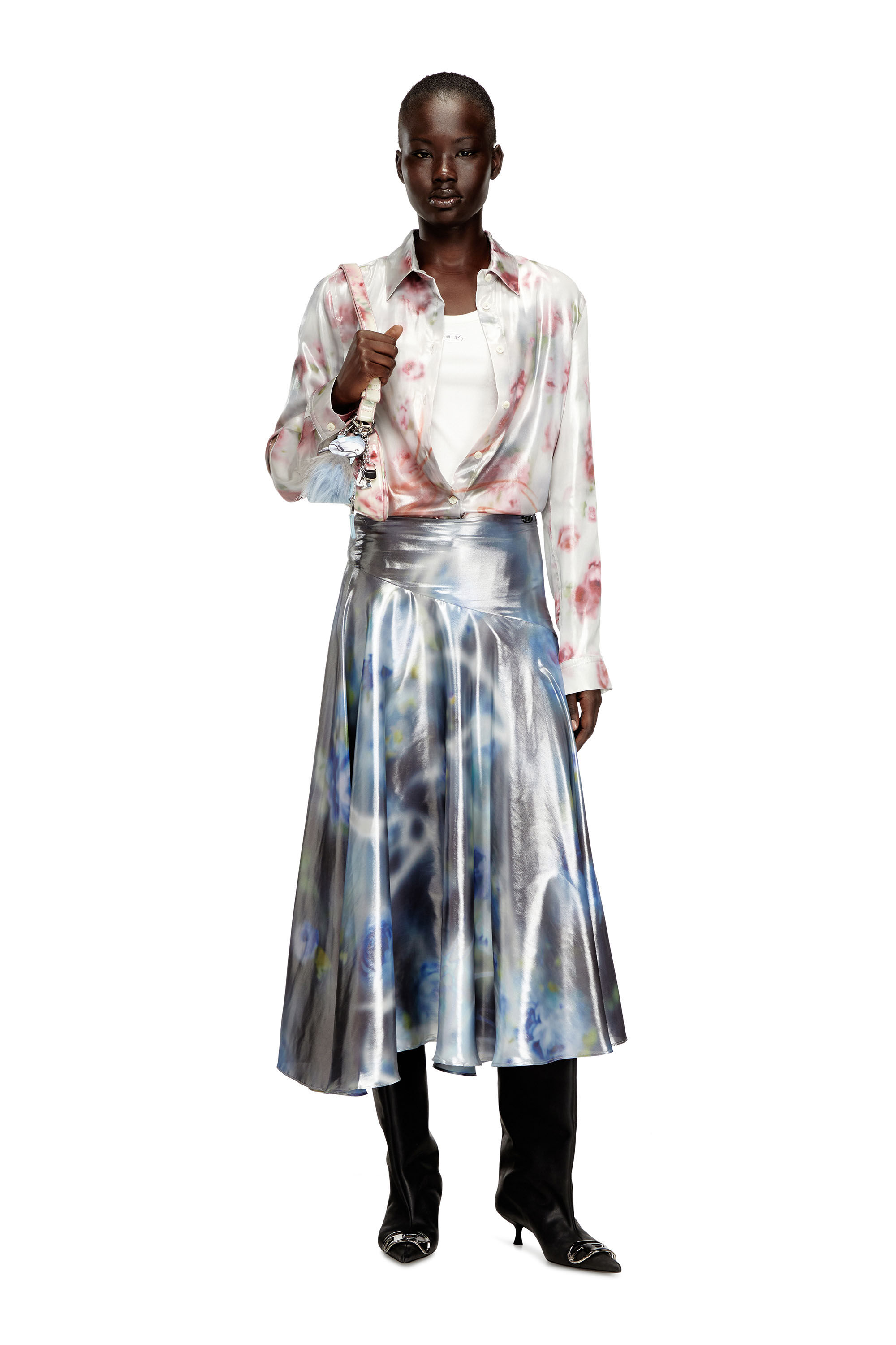 Diesel - C-RONOR-S2, Camisa metálica con estampado de rosas difusas Mujer in Multicolor - 1