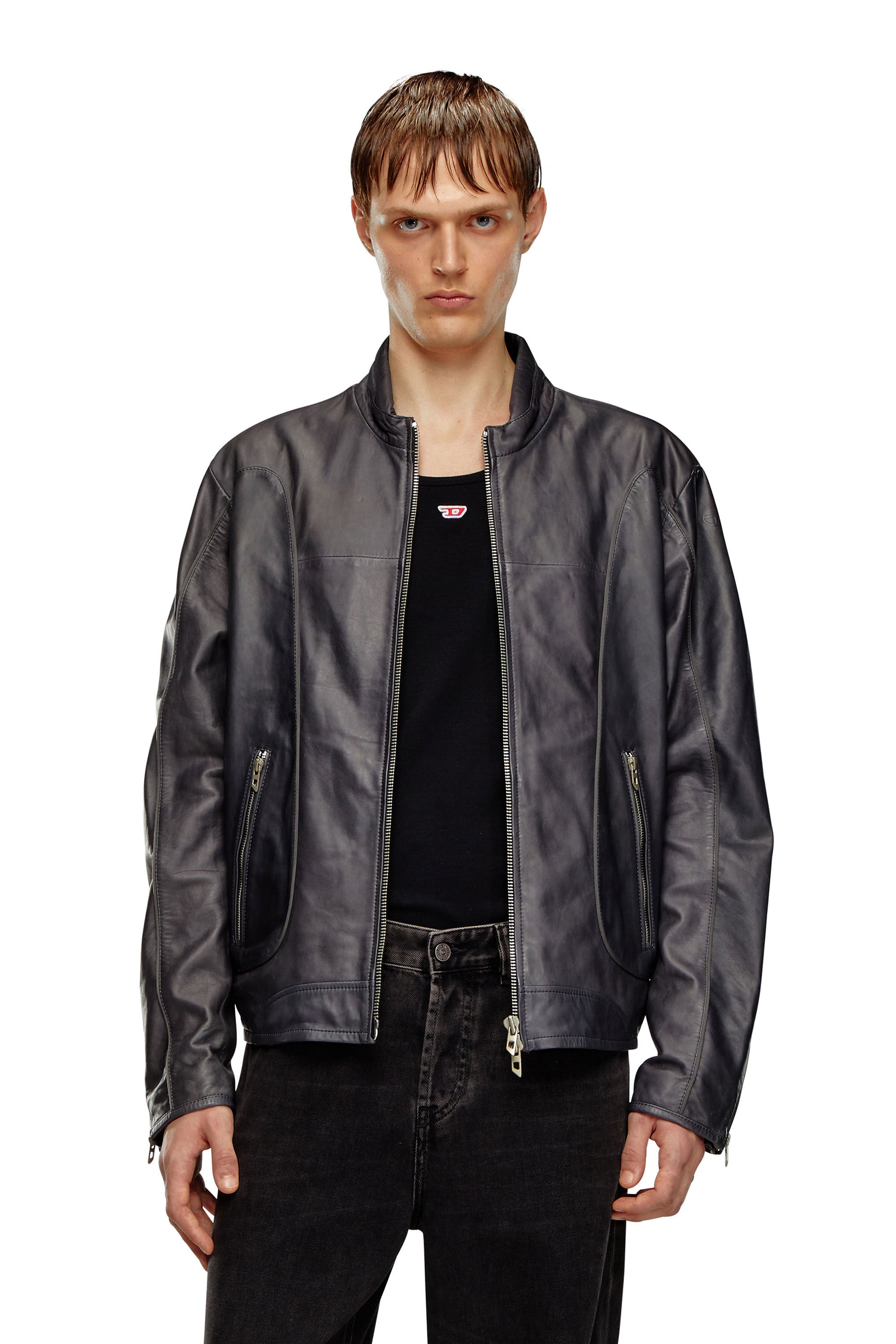 Diesel - L-KRIX, Man Leather biker jacket with piping in Black - Image 3