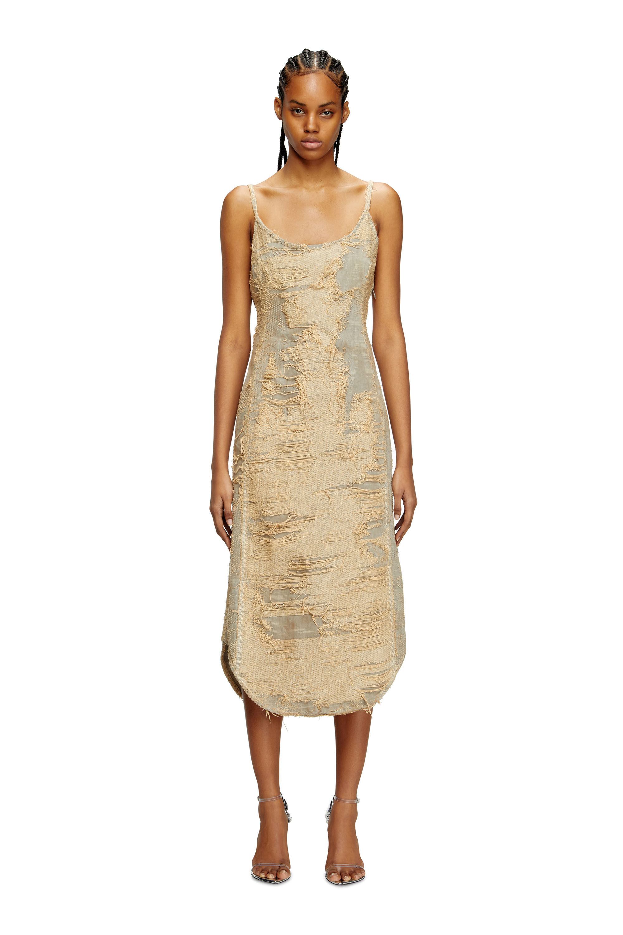 Diesel - DE-VERA-FSG, Vestido de denim sobreteñido con hilos flotantes Mujer in Beige - 1