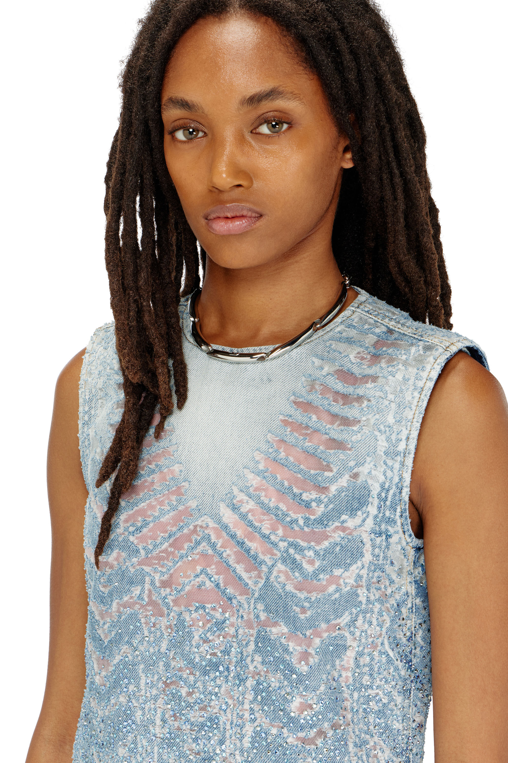 Diesel - DE-MYRELA-S, Vestido mini de denim microstone devor&eacute; Mujer in ToBeDefined - 5