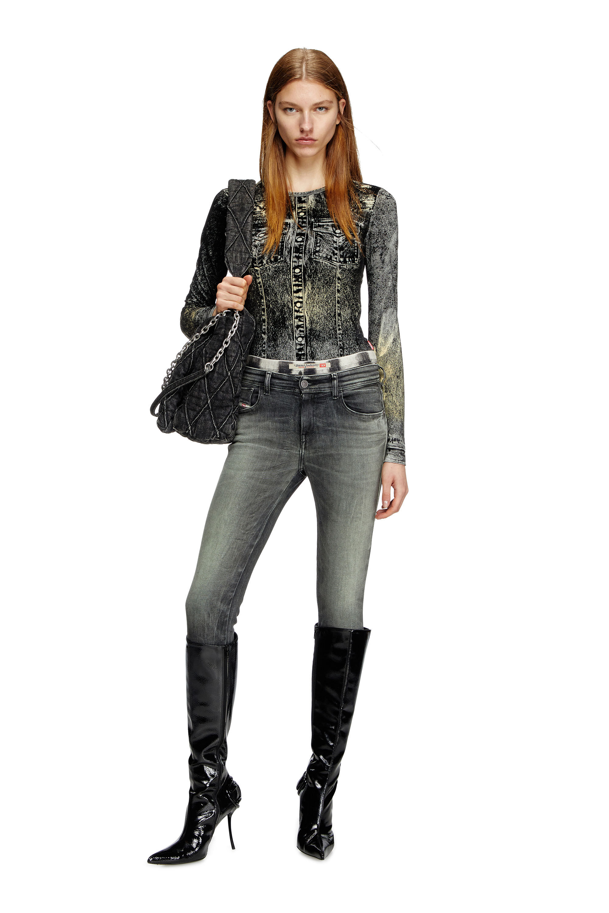 Diesel - T-AXY, Top de manga larga con estampado de chaqueta Mujer in Gris - 1