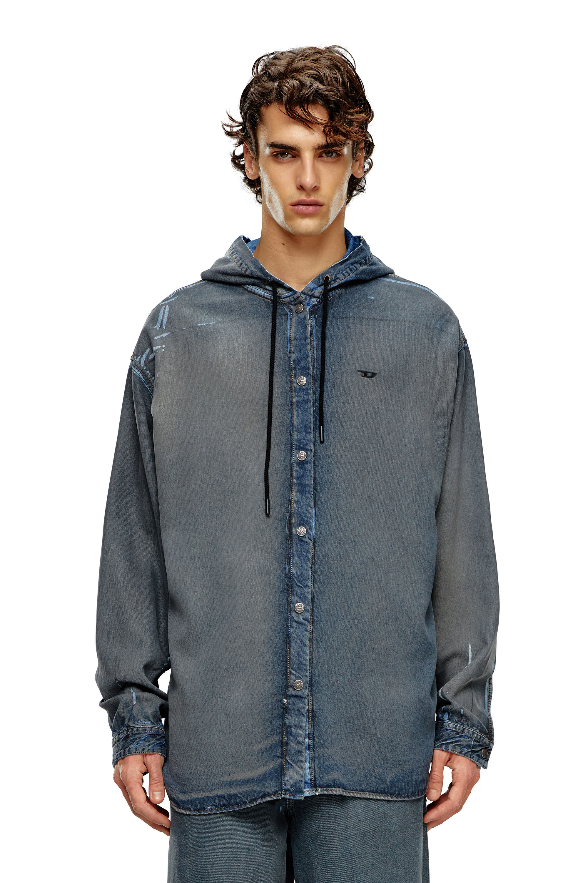 Diesel - D-DEWNY-HOOD-S1, Camisa h&iacute;brida en denim recubierto con efecto desgastado Hombre in Azul marino - 6