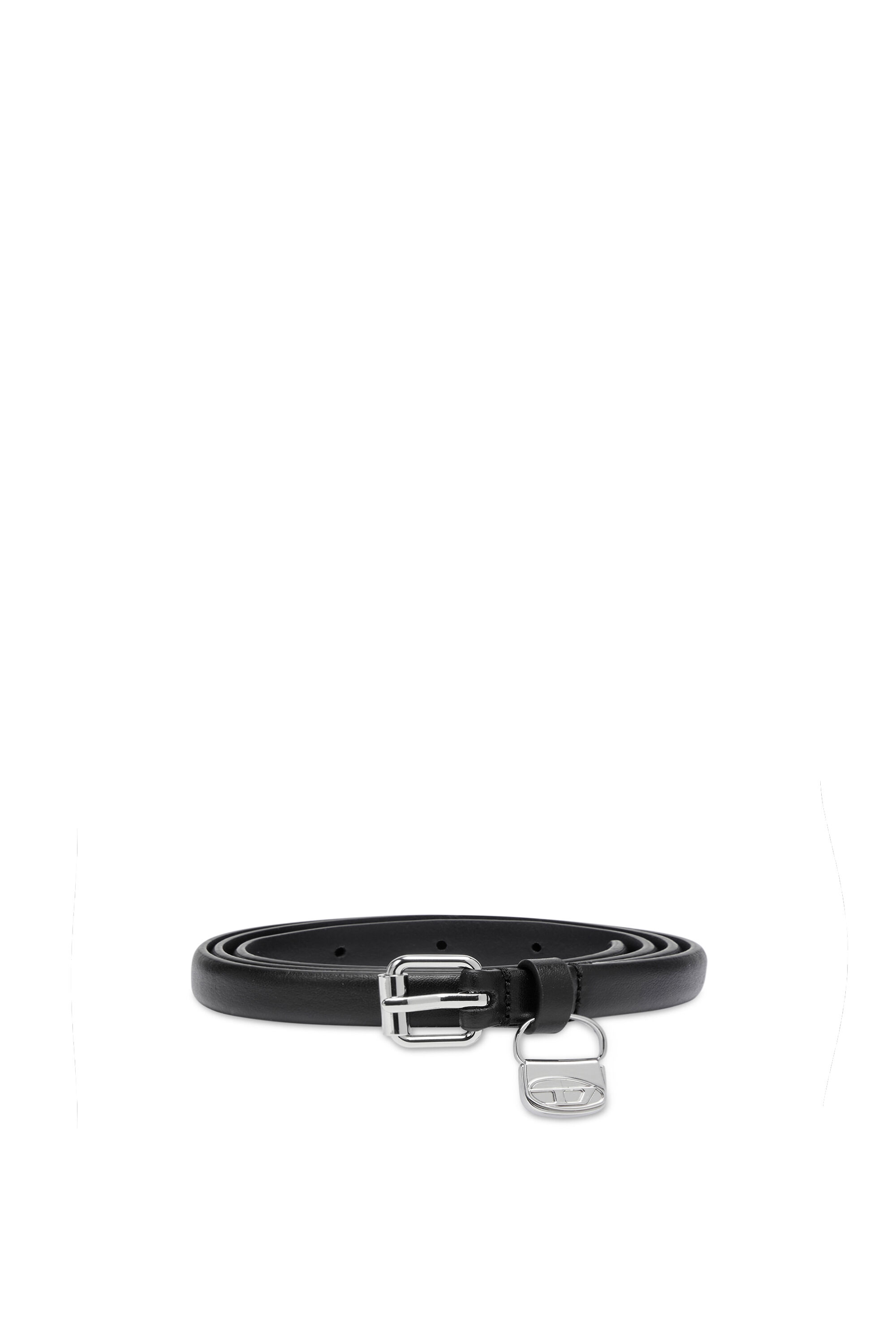 Diesel - B-CHARM HIP, Woman's 1.4cm slim leather belt with 1DR bag charm in Black - 1