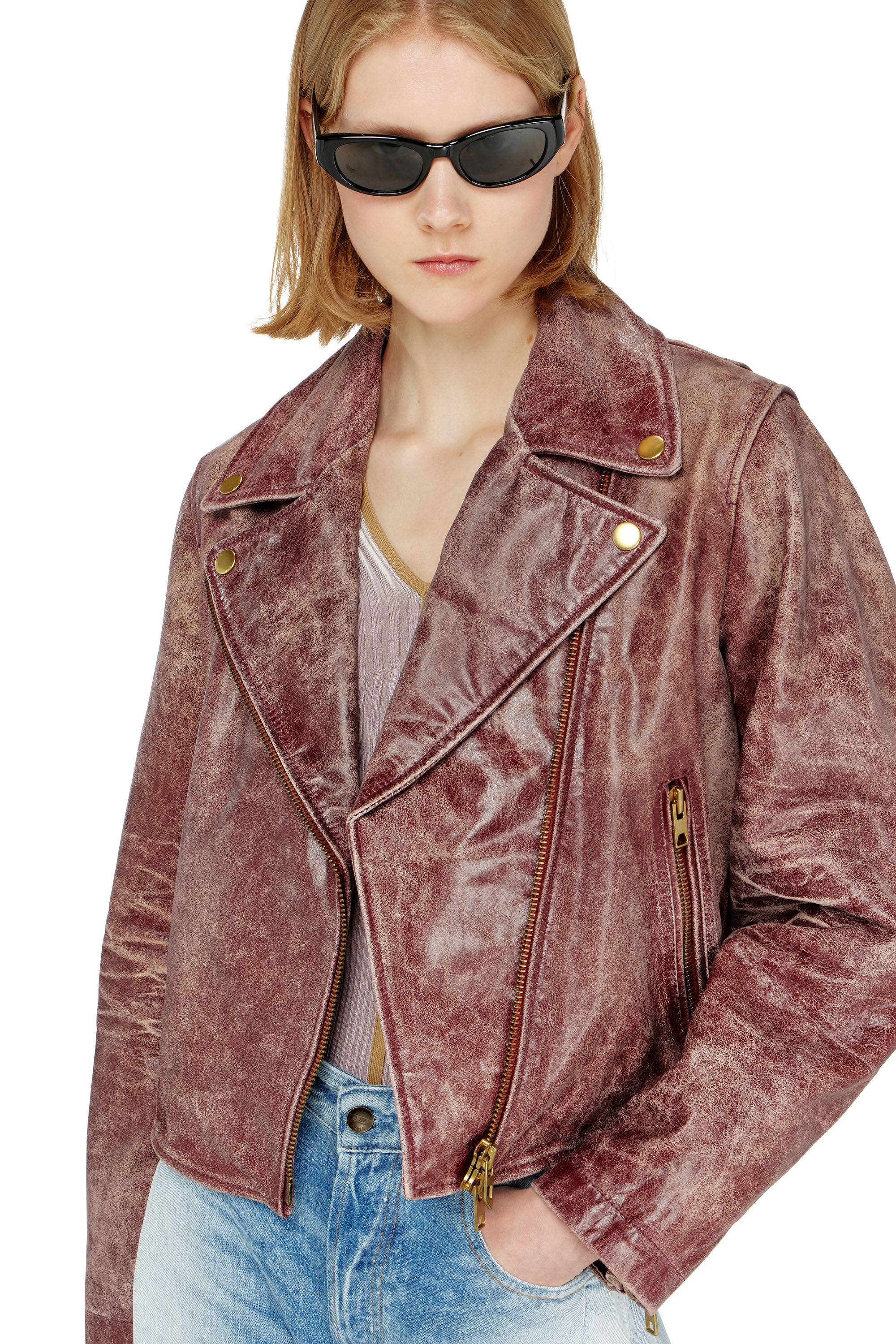 Diesel - L-UNATIC-T1, Chaqueta biker de piel tratada Mujer in ToBeDefined - 6