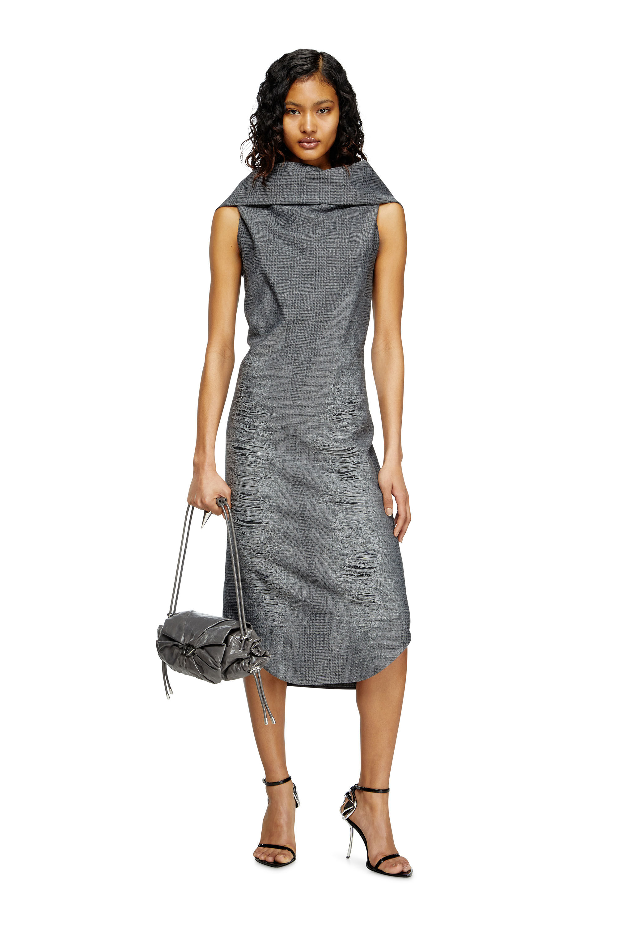 Diesel - D-MAUVE, Vestido midi de tejido príncipe de Gales con efecto desgastado Mujer in Gris - 3