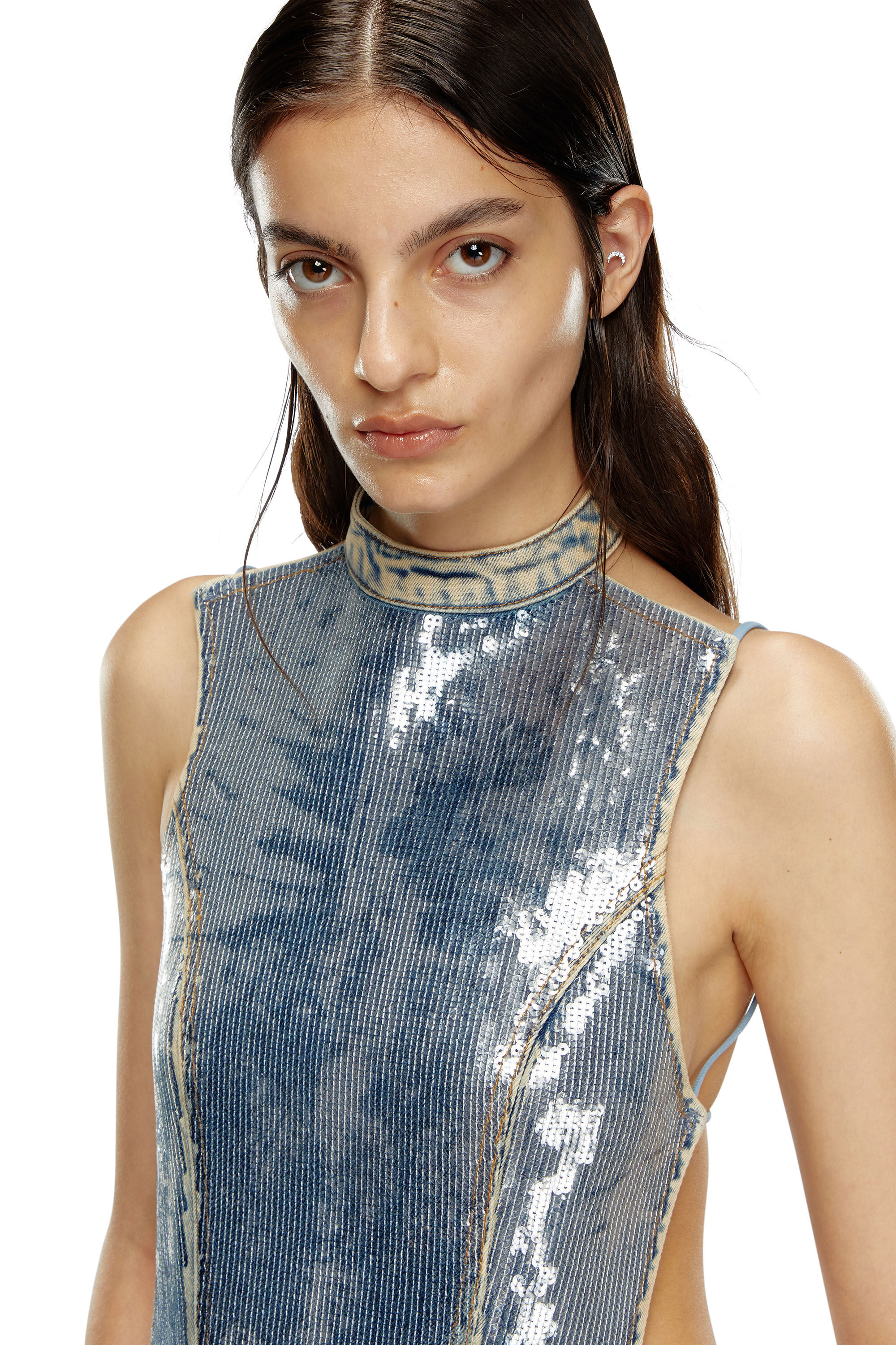 Camiseta de espalda abierta de denim con lentejuelas Mujer Azul marino Diesel