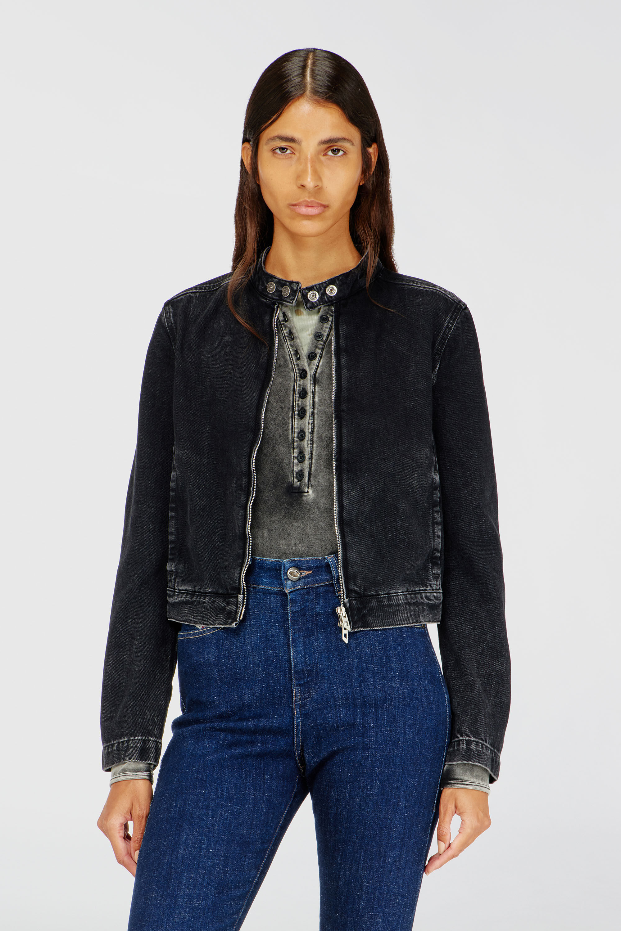 Diesel - DE-MORNIN, Chaqueta moto de mezclilla en denim de lavado oscuro Mujer in Negro - 4