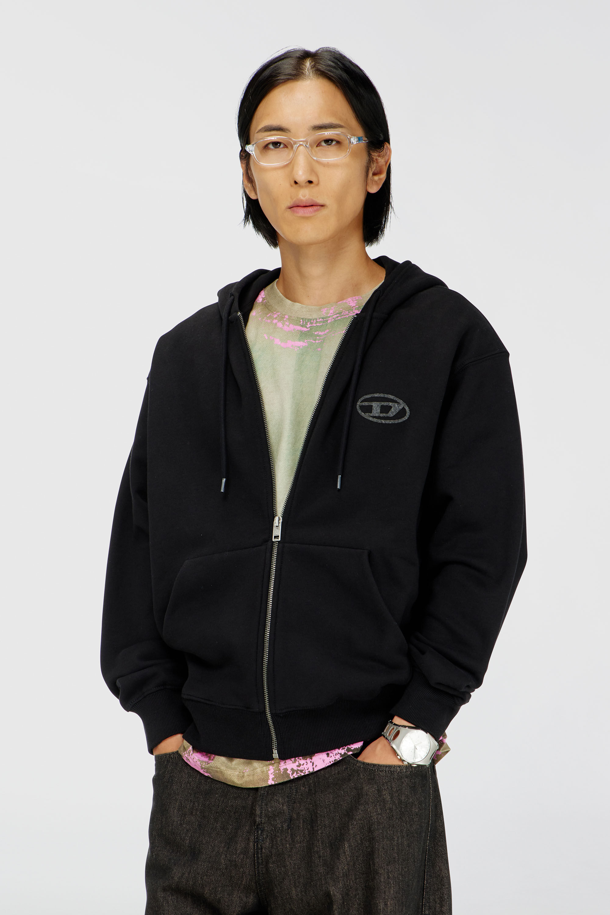 Diesel - S-LUK-HZ-T92, Sudadera con capucha de algod&oacute;n con bordado del logotipo Oval D tono sobre tono Hombre in Negro - 3