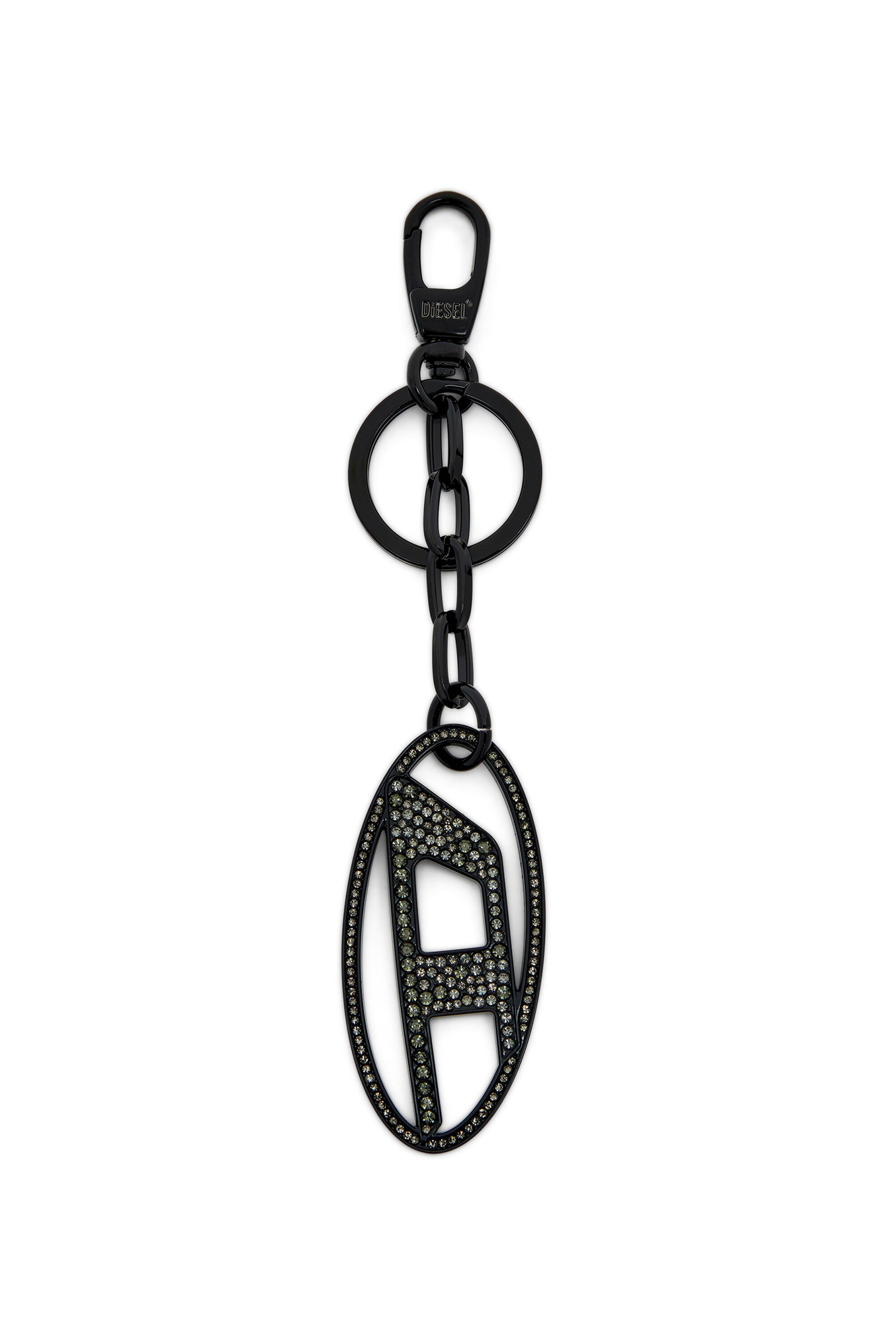 【DIESEL】 l Oval D keyring with crystals Women's Metal Oval D keyring with crystals | Black | Diesel