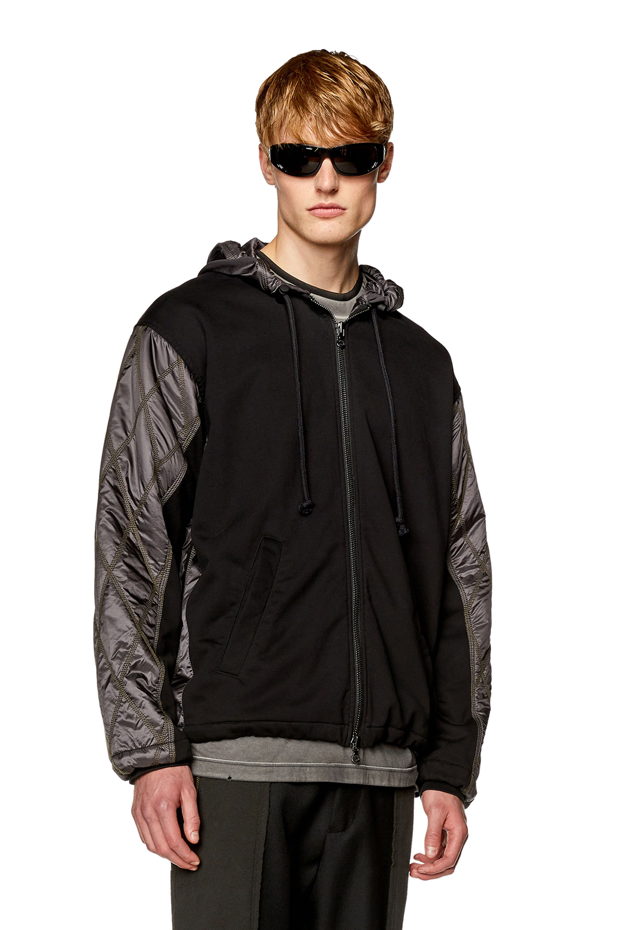 ★DIESEL★ J Rombe Zip-Up Hood Black A104970CKAM9XX A104970C Men's Hooded jacket in fleece and quilted nylon | Black | Diesel