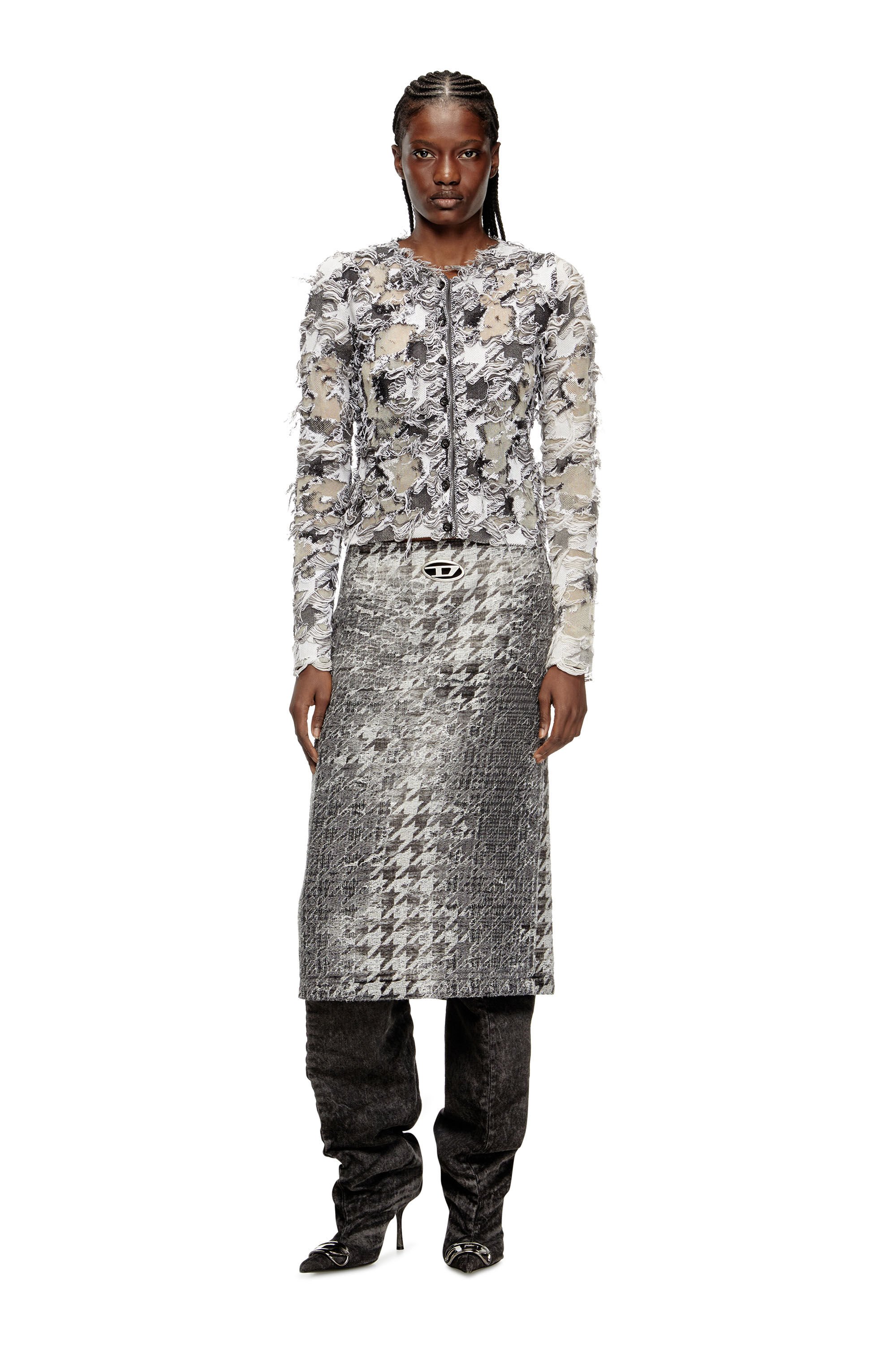 Diesel - DE- RATHIAN-FSH, Falda midi en jacquard de denim con diseño Príncipe de Gales Mujer in Multicolor - 1